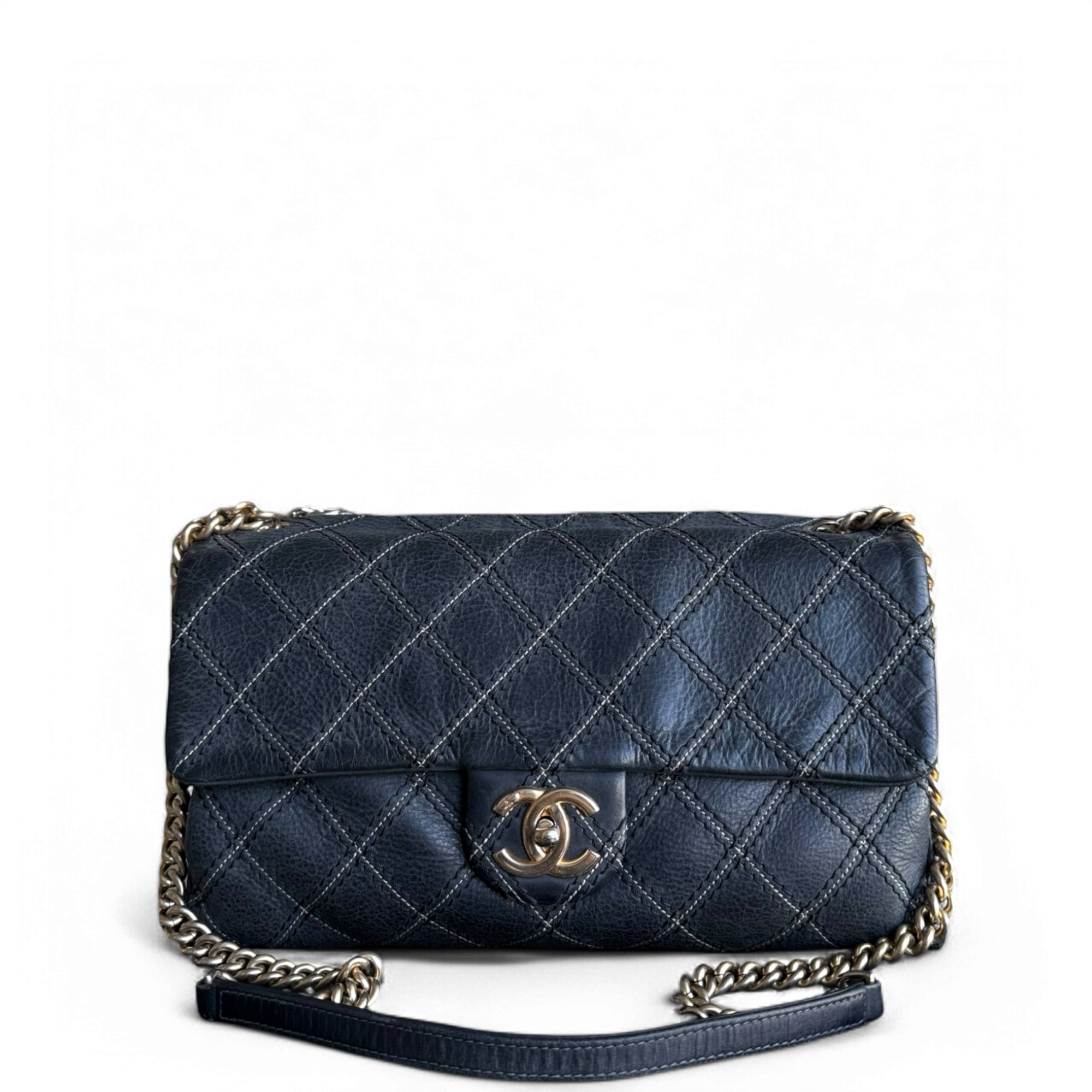 Chanel Seasonal Flap - Iridescent Stitch Quilted Leather Dark Blue Gold Hardware Series 19