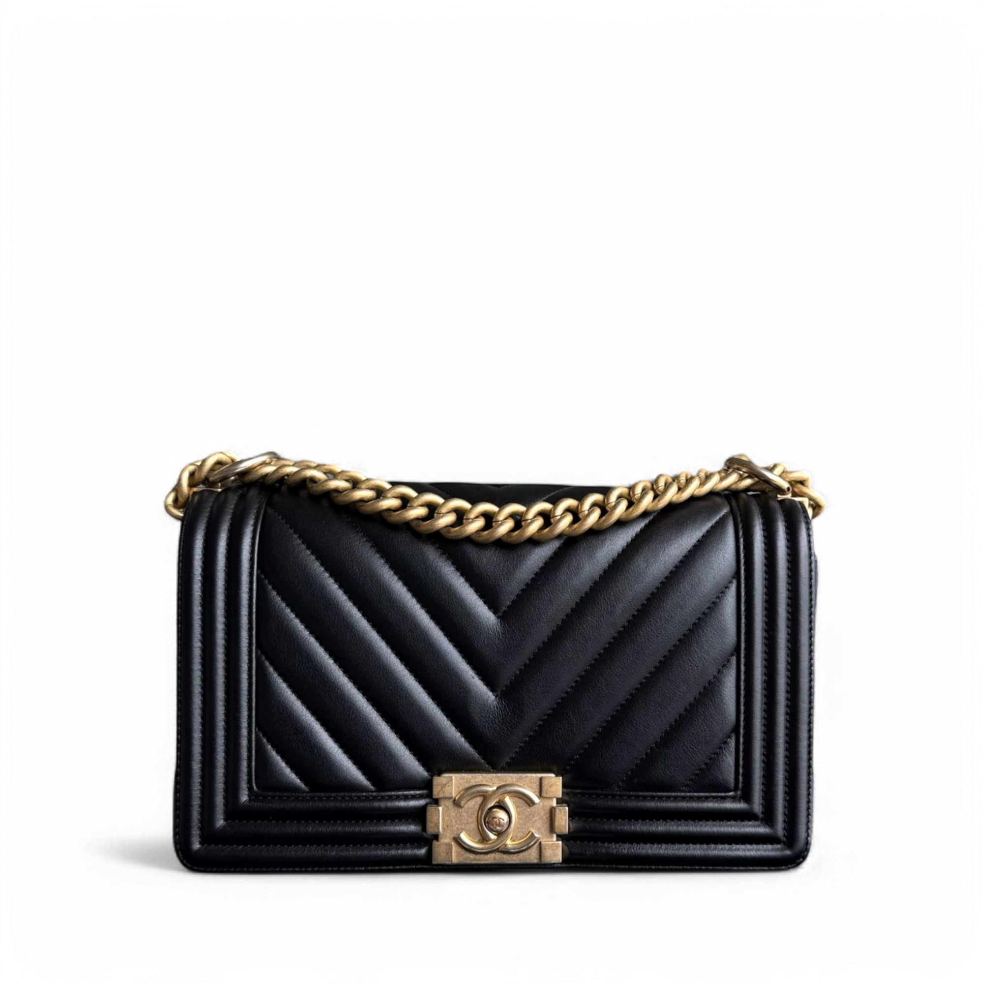 Chanel Boy Medium - 25CM Chevron Calfskin Black Aged Gold Hardware Series 25