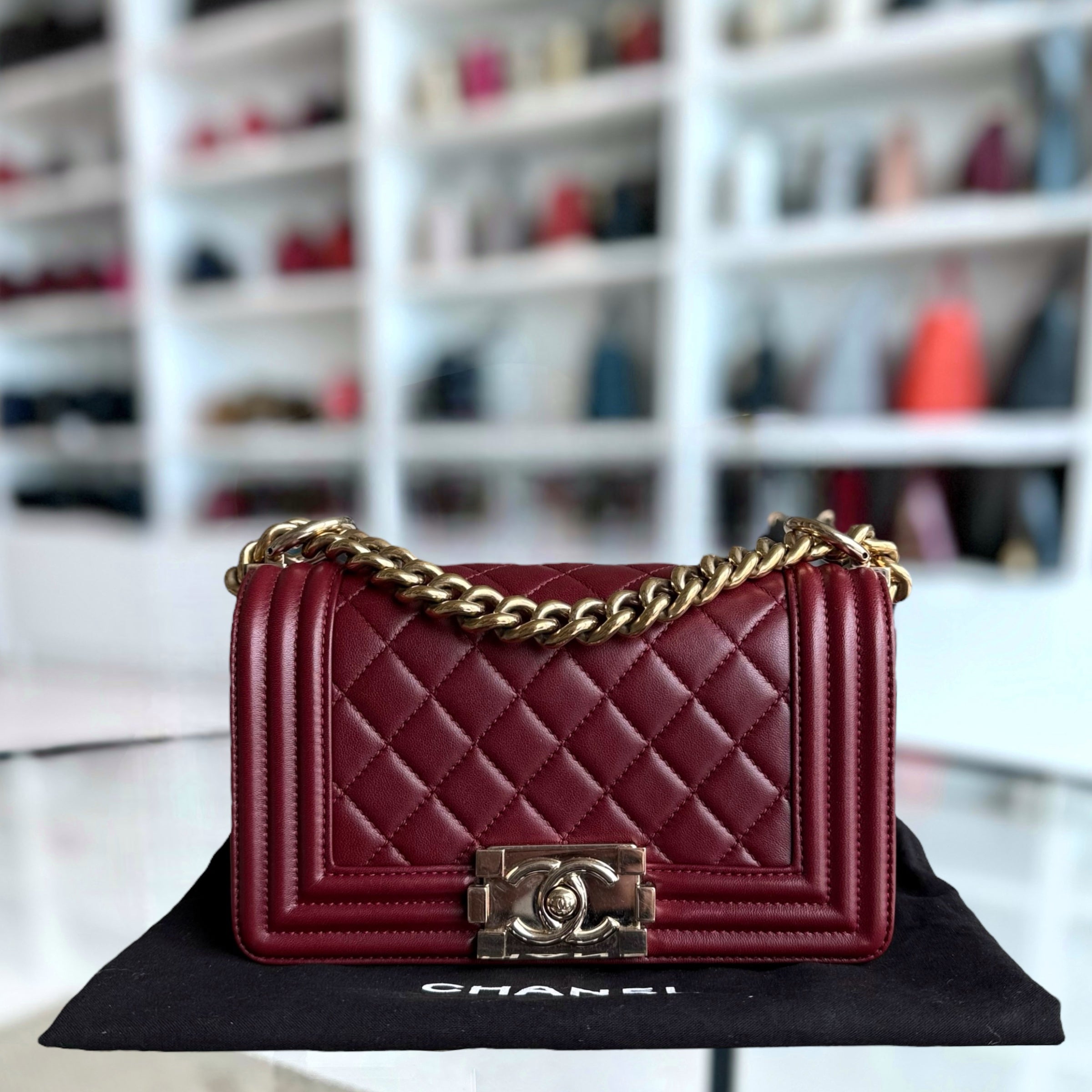 Chanel Boy Small - 20CM Quilted Lambskin Burgundy Dark Red Gold Harwdare Series 22