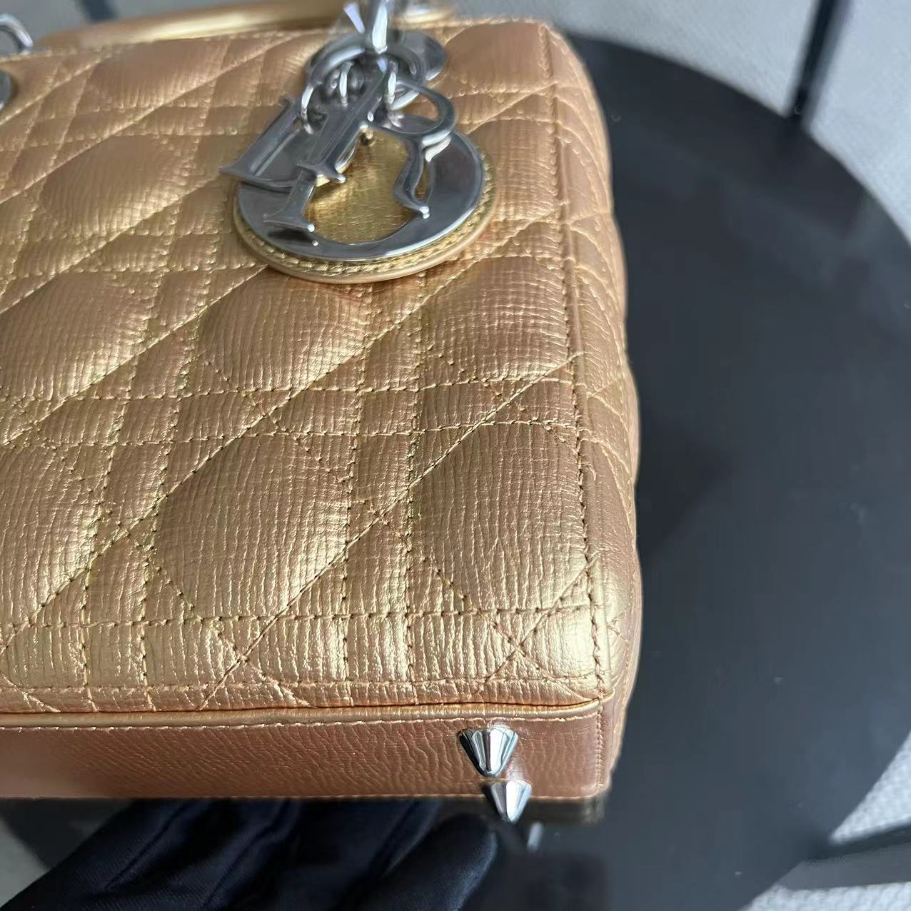 Dior Lady Small Metallic Gold Cannage Calfskin Silver Hardware