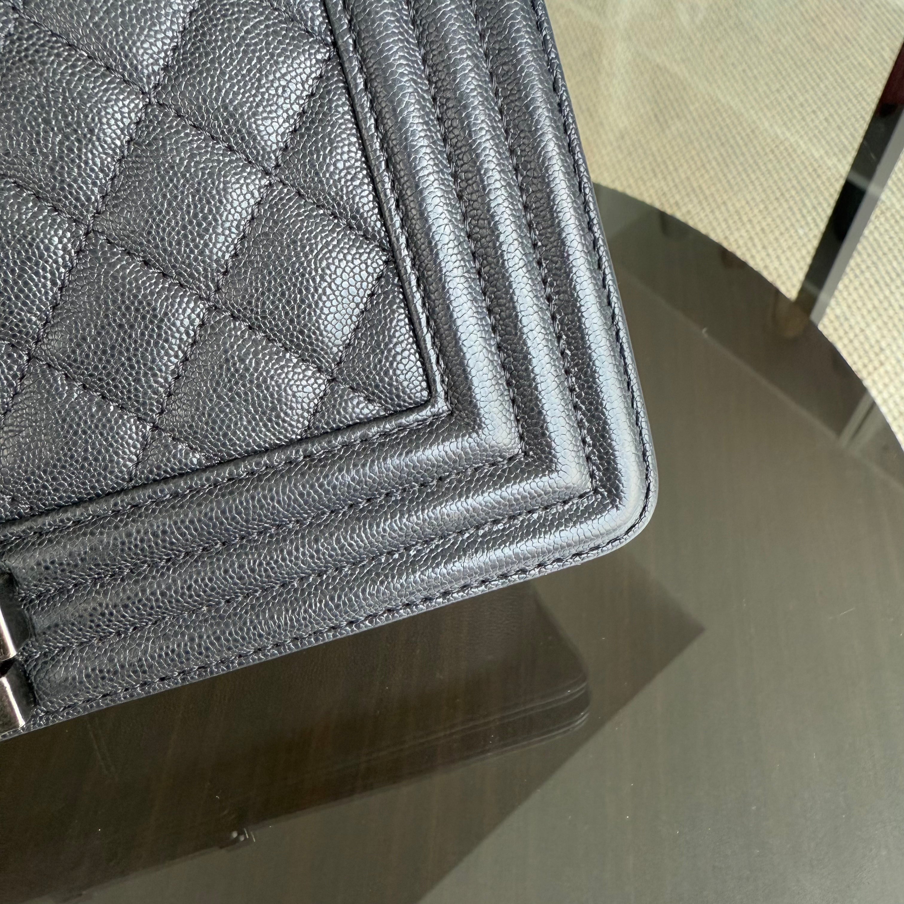 Chanel Boy Medium - Caviar 25CM Quilted Iridescent Grey Gray Ruthenium Silver Hardware Series 26