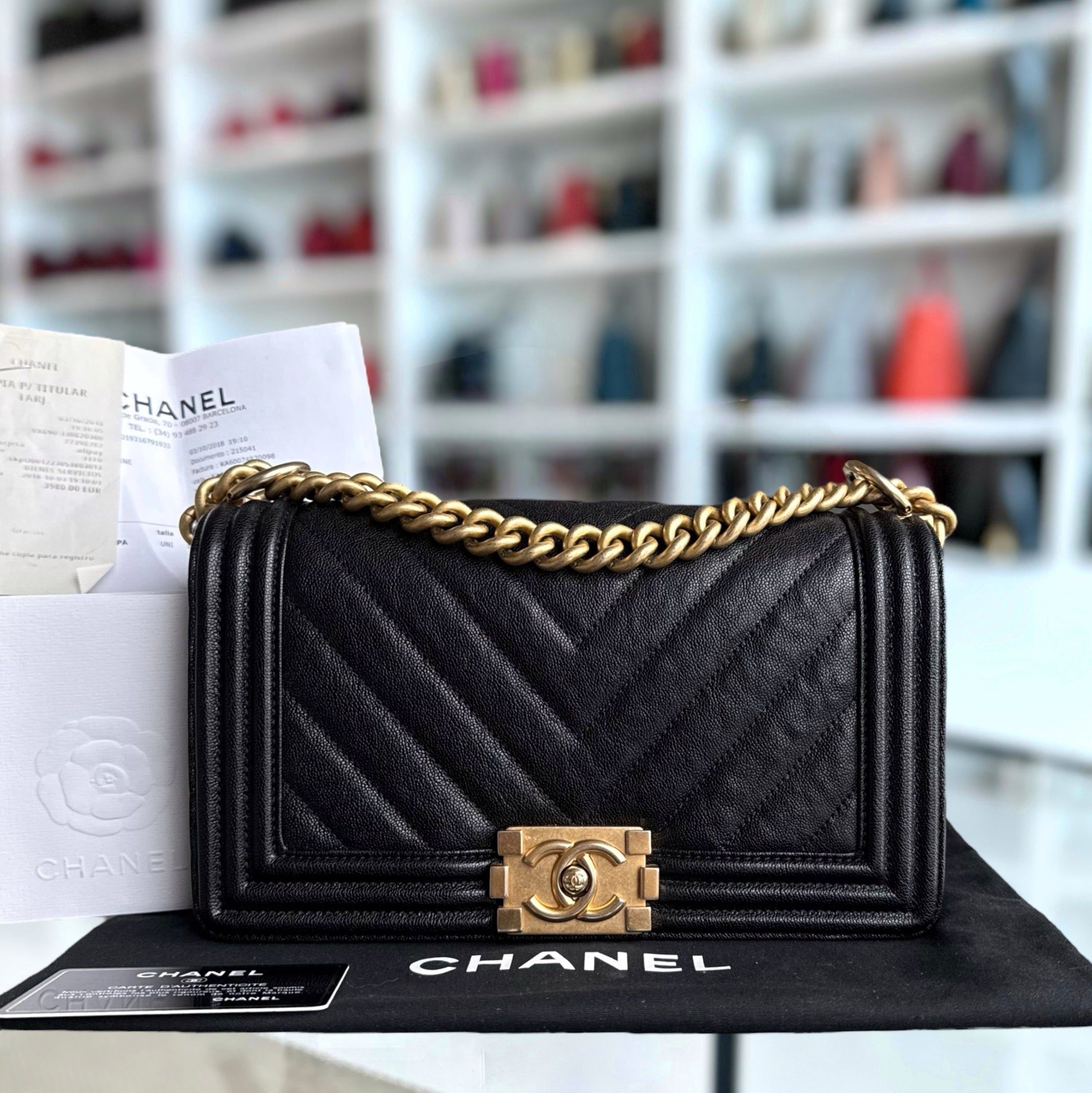 Chanel Boy Medium - Caviar 25CM Chevron Black Gold Hardware Series 26