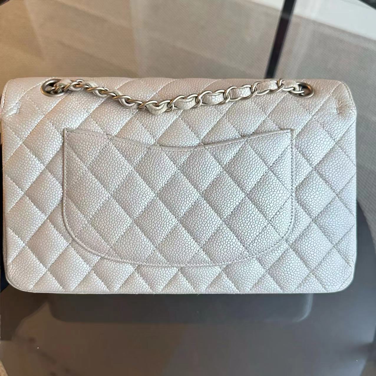 Chanel Medium Caviar Classic Flap Quilted Grained Calfskin Iridescent Beige Gold Golden Hardware Series 16