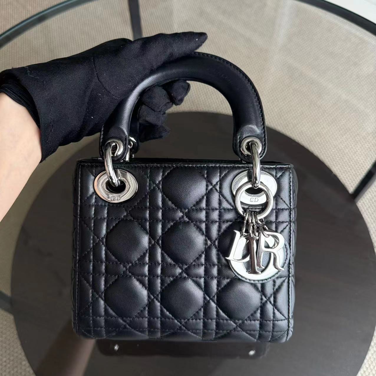 Dior Lady Mini - Cannage Lambskin Black Silver Hardware Chain Strap