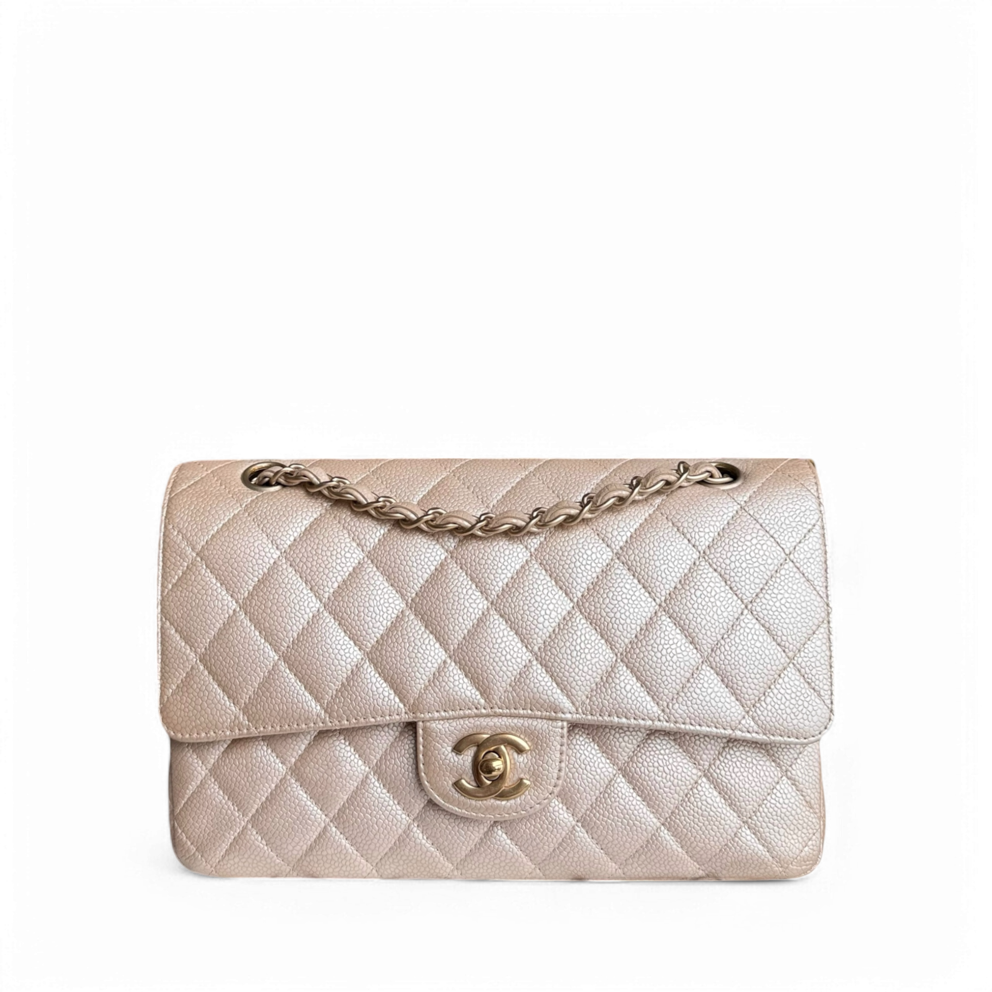 Chanel Classic Flap Medium - Caviar 25CM Quilted Pearl Iridescent Beige Gold Hardware Series 16