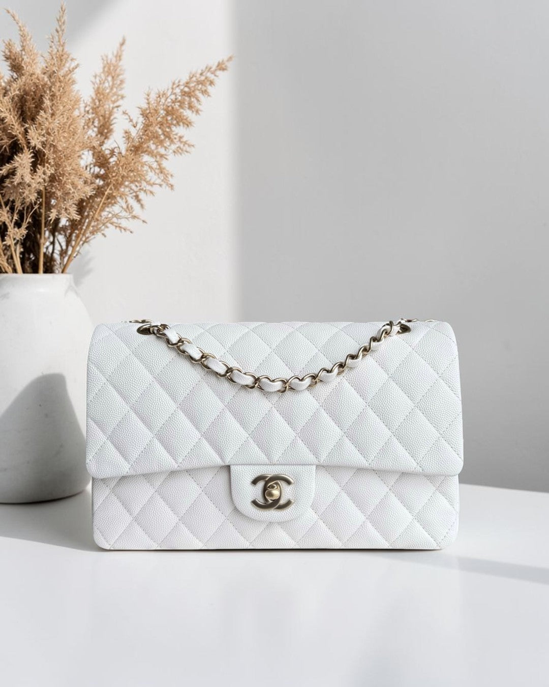 Chanel Classic Flap Medium - Caviar 25CM Quilted Snow White Gold Hardware Microchip