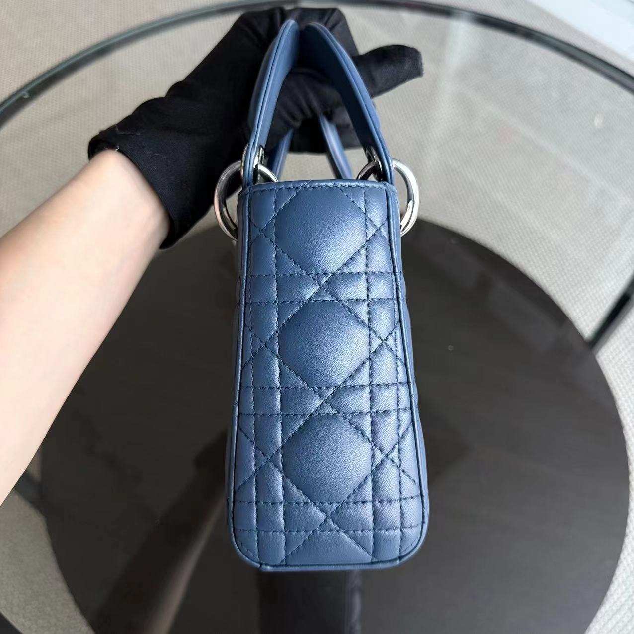 Dior Lady Mini Bag - Cannage Lambskin Blue Adjustable Strap Silver Hardware