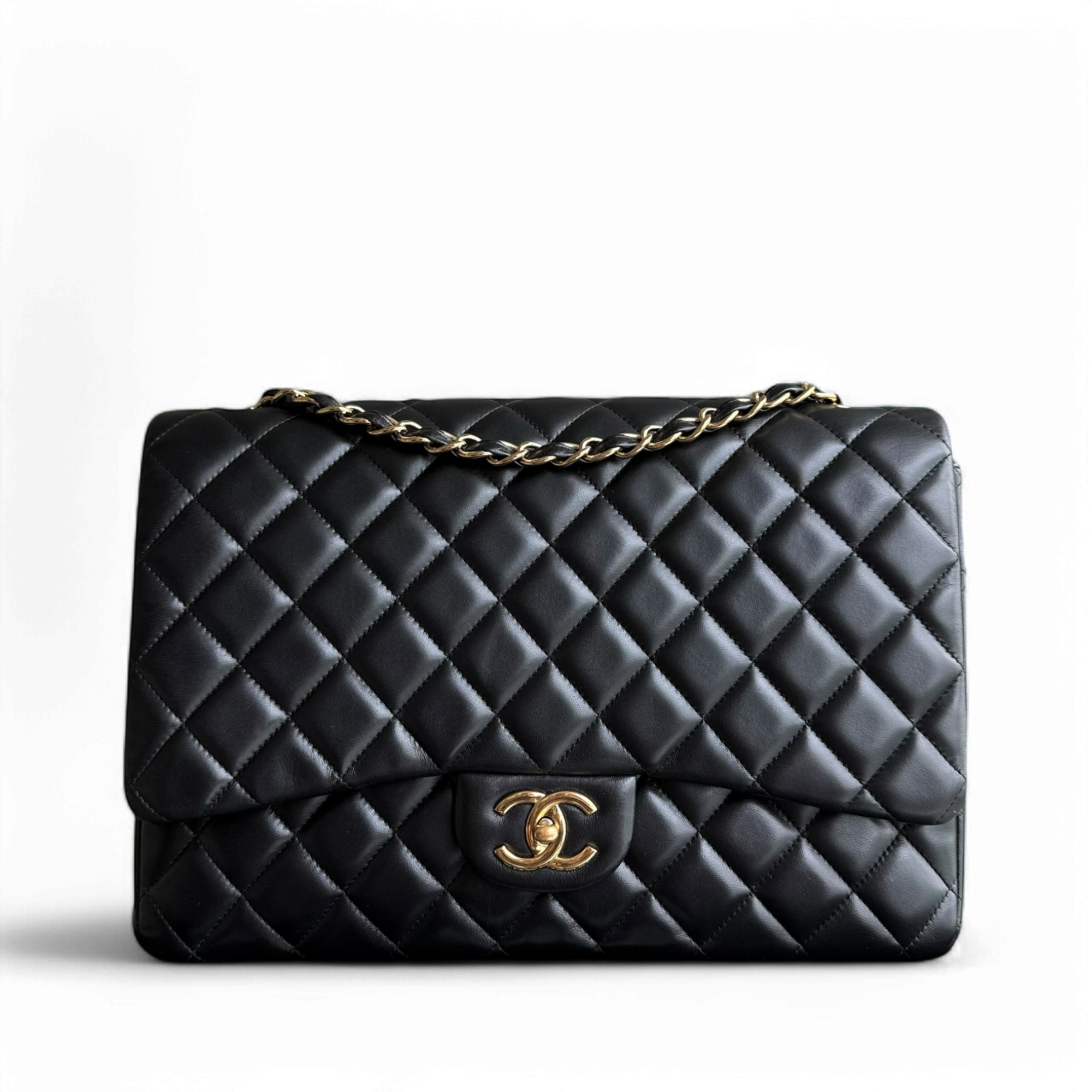 Chanel Classic Flap Maxi - 34CM Quilted Lambskin Double Flap Black Gold Hardware Series 14