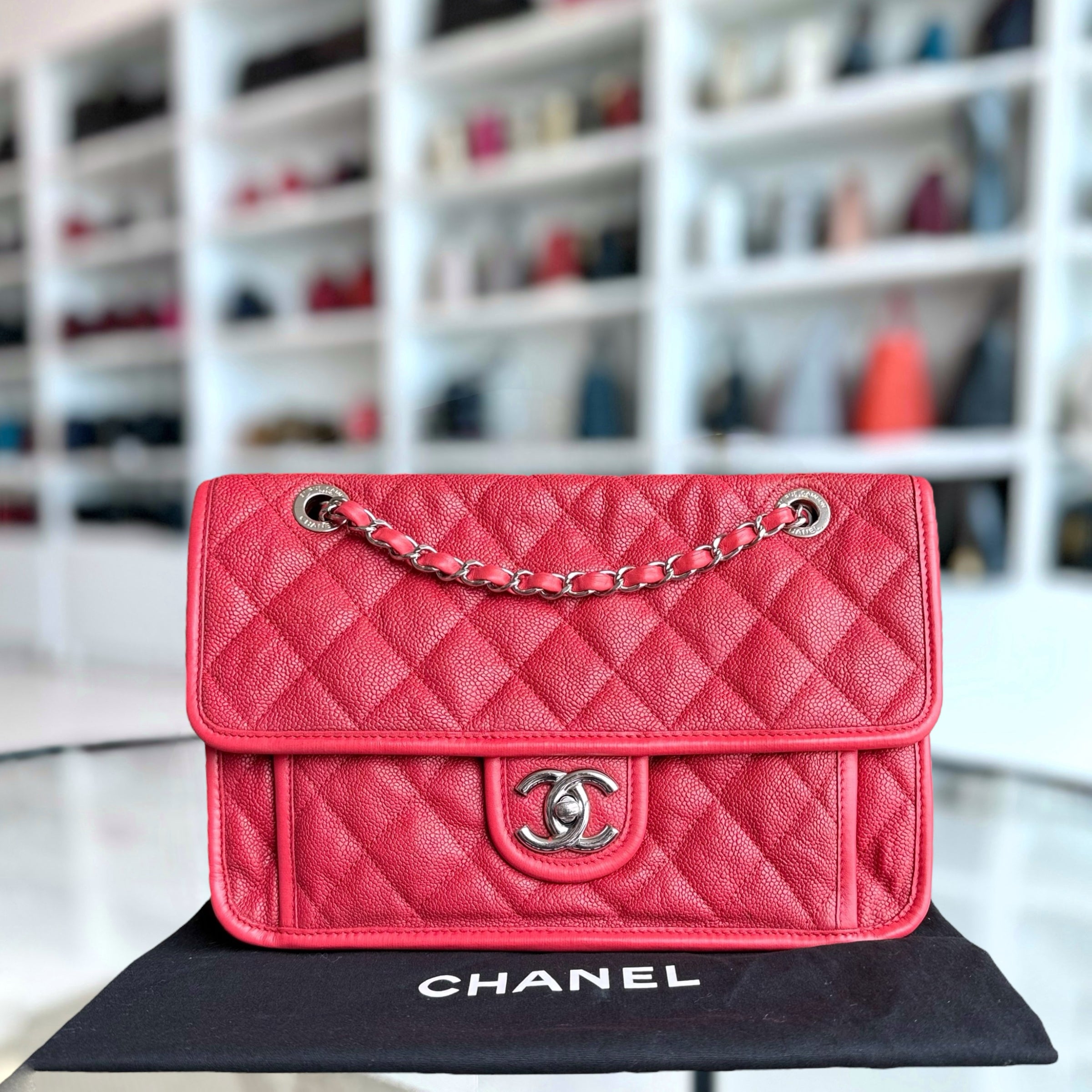 Chanel French Riviera - Caviar 29CM Quilted Seasonal Flap Red Silver Hardware Series 15