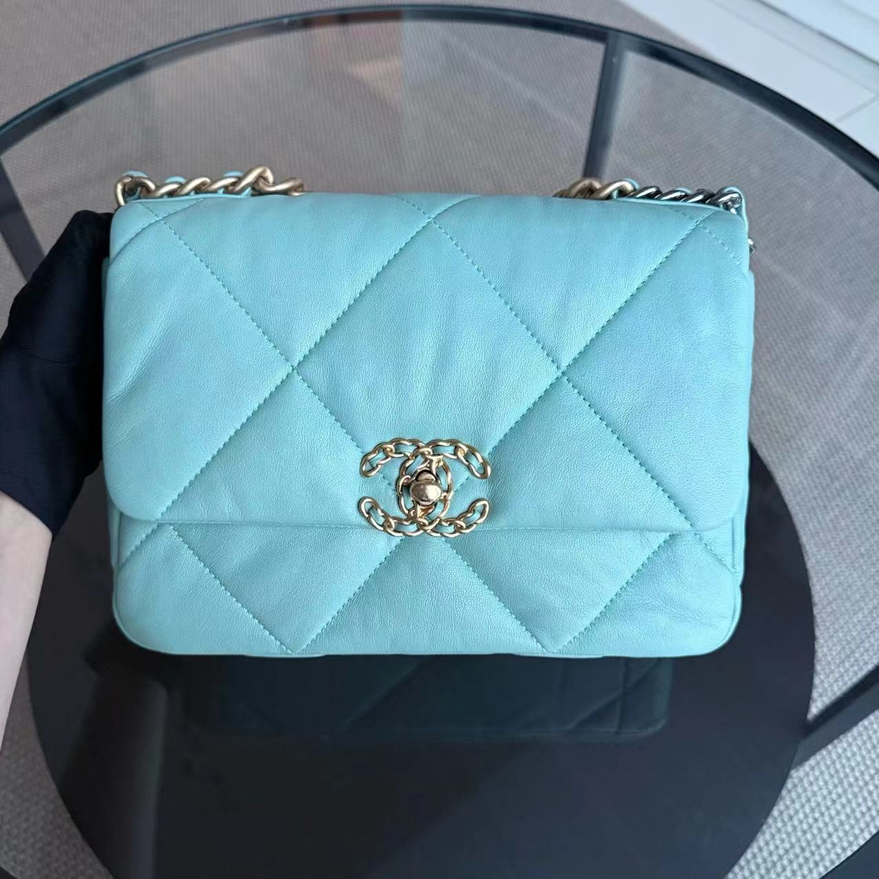 Chanel Small 19 Bag C19 Quilted Goatskin Tiffany Blue Two Tone Golden Hardware Sereis 29