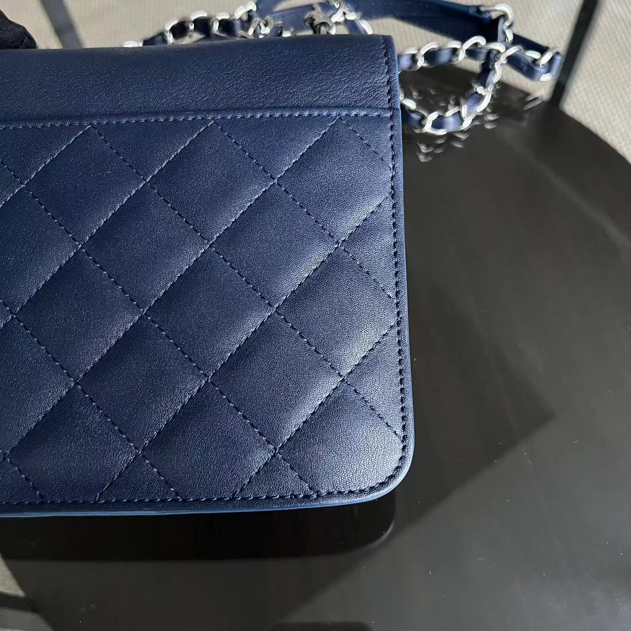 *Full Set, Receipt* Small CC Box Flap Bag Quilted Calfskin Dark Blue Silver Hardware Series 25