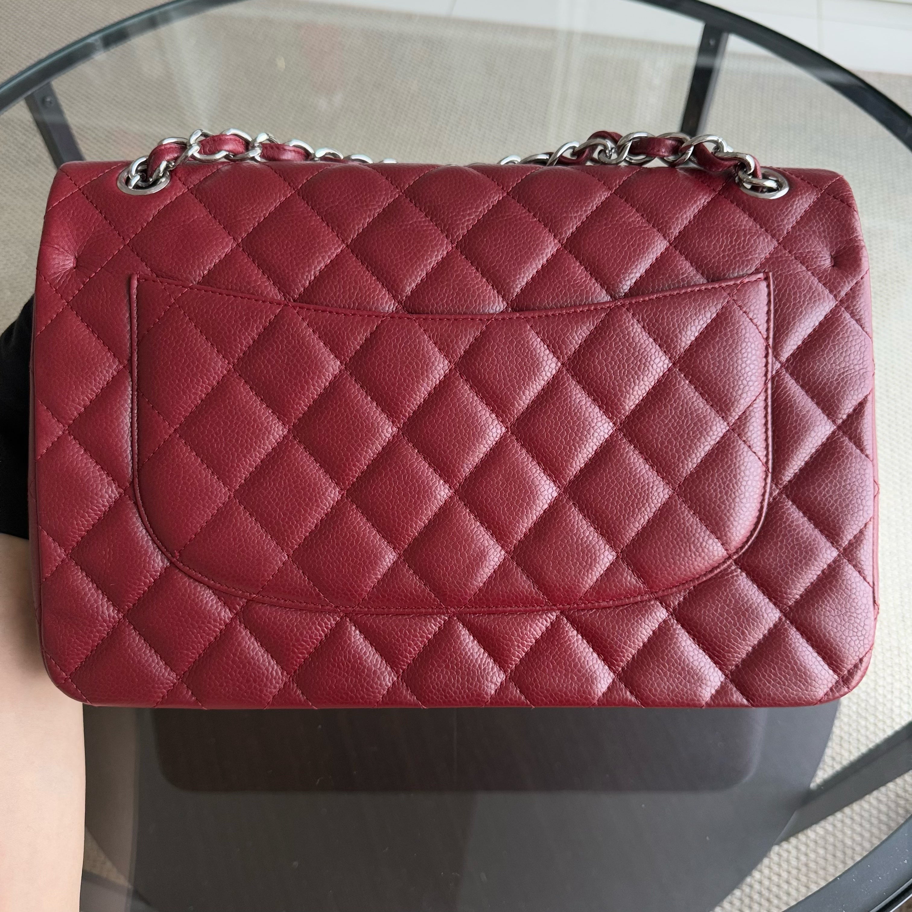 Chanel Classic Flap Jumbo - Caviar Double Flap Quilted Burgundy Dark Red Silver Hardware Series 15