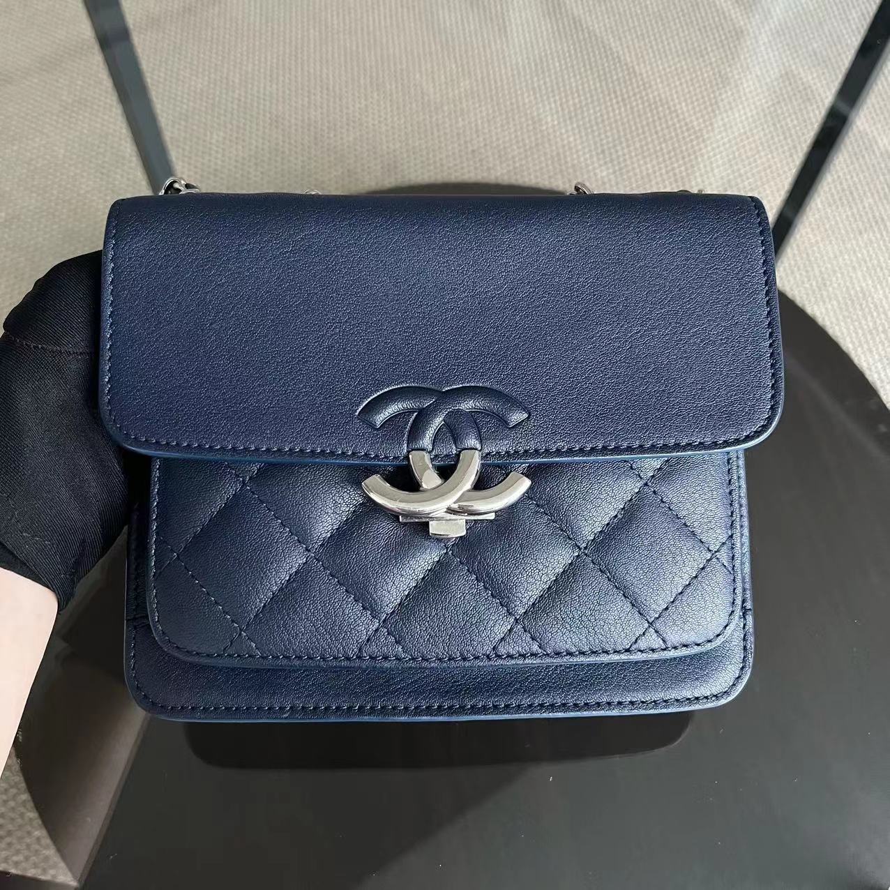 *Full Set, Receipt* Small CC Box Flap Bag Quilted Calfskin Dark Blue Silver Hardware Series 25