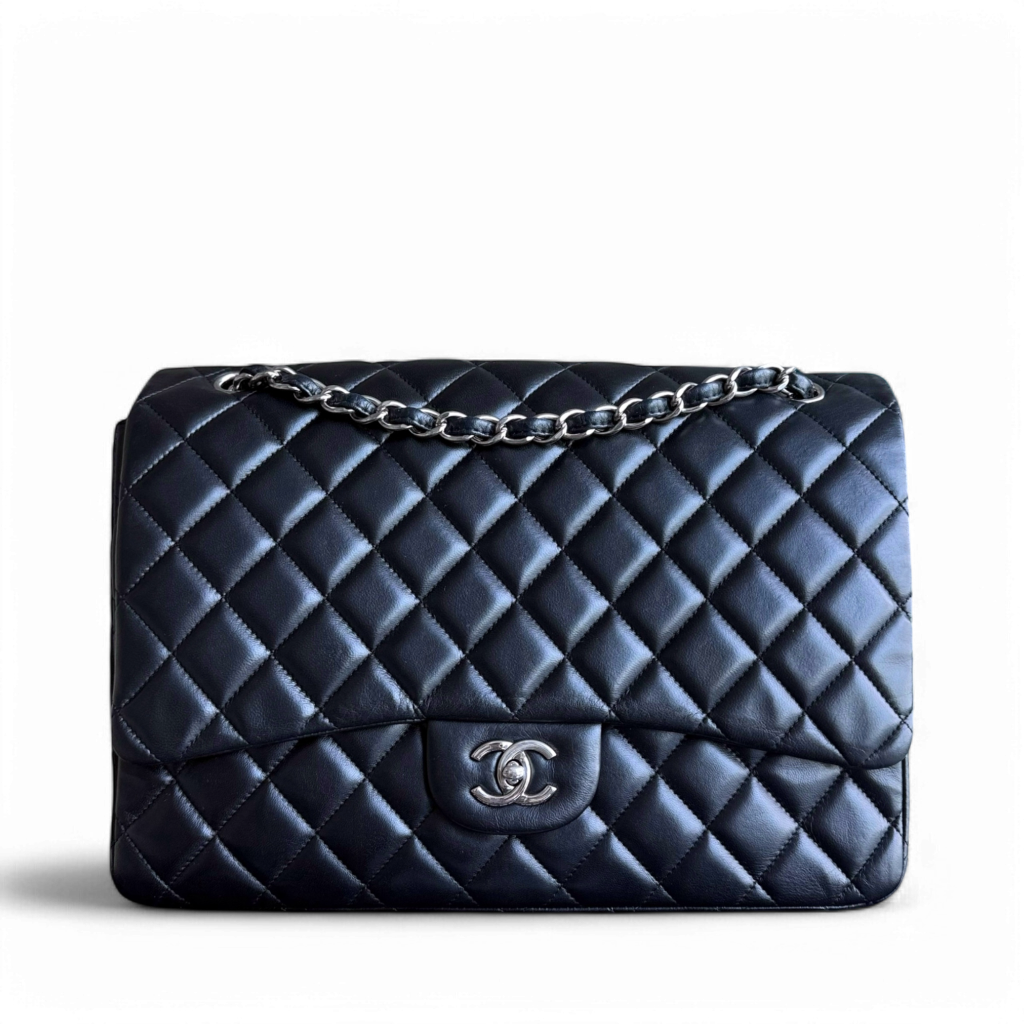 Chanel Classic Flap Maxi - 33CM Quilted Single Flap Lambskin Black Silver Hardware