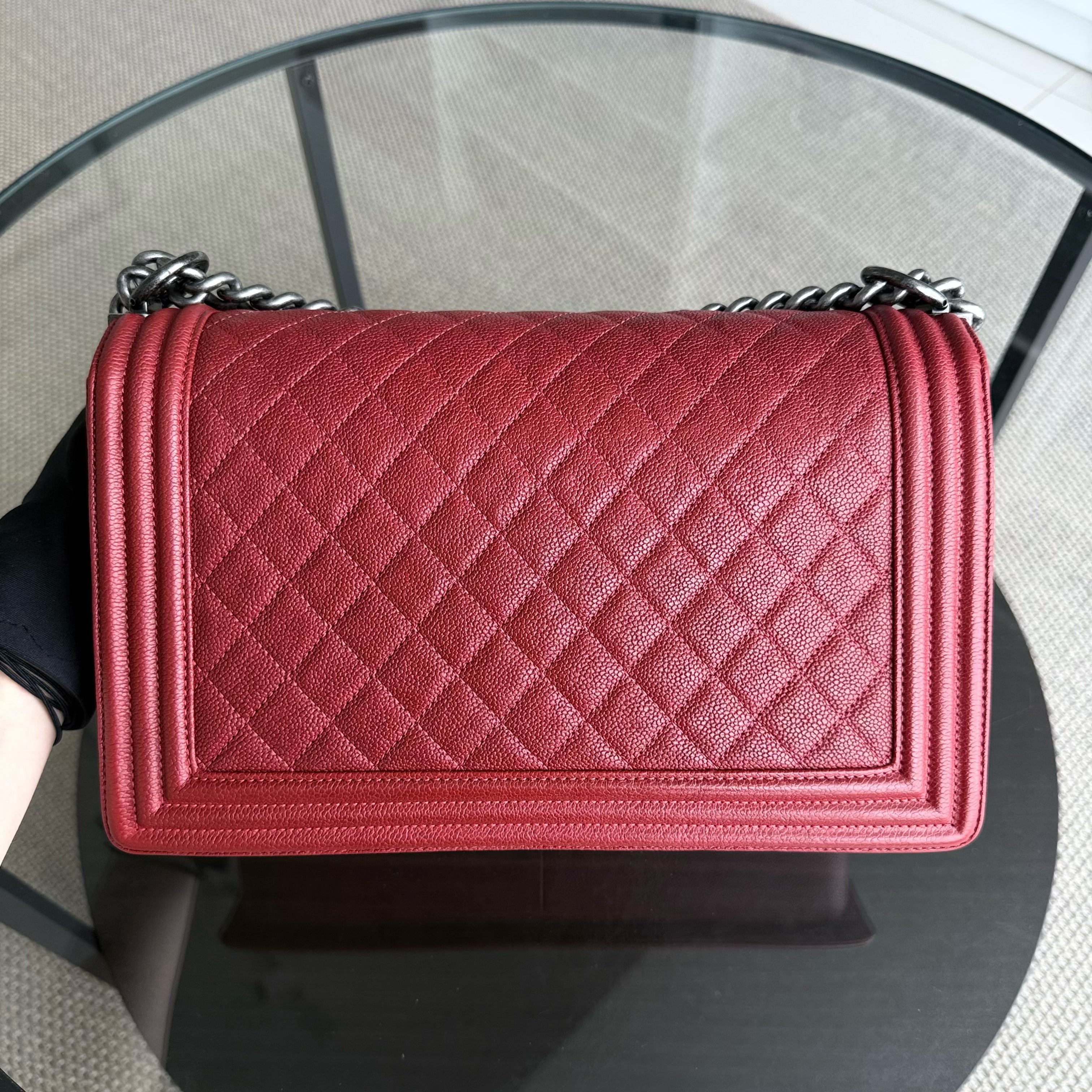 Chanel Boy Medium - Caviar 28CM Quilted Dark Red Ruthenium Silver Hardware Series 23