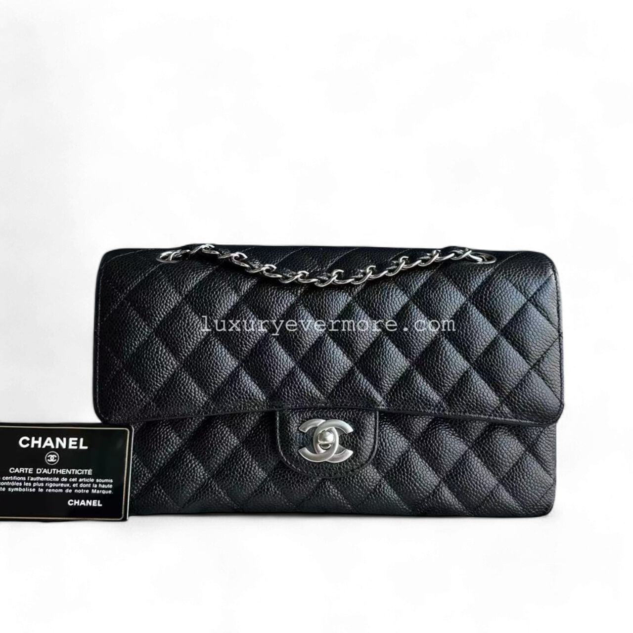 *Unused* Medium Double Flap 25CM Quilted Grained Calfskin Black Silver Hardware Series 23