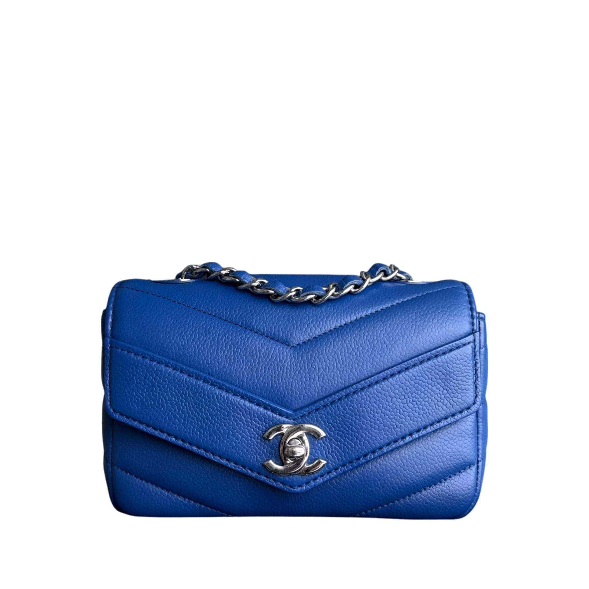 Chanel Seasonal Flap - Caviar V Stitch Chevron Mini Square Blue Silver Hardware Series 24