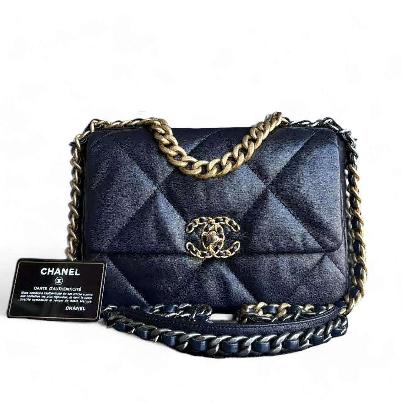 Chanel 19 Bag Small - 26CM C19 Quilted Goatskin Dark Navy Blue Two-tone Gold Hardware Series 30