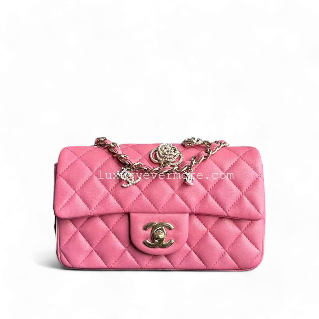 Mini Classic Flap Rectangle Valentine Quilted Lambskin Pink Golden Hardware Sereis 19