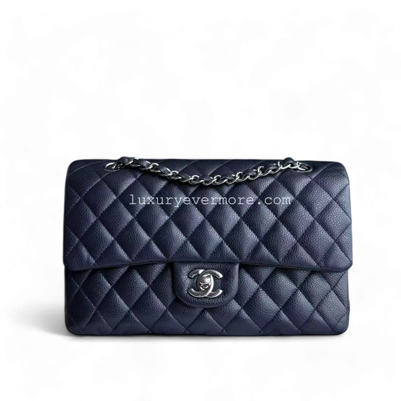 Caviar Medium Classic Flap Quilted Dark Blue Silver Hardware Series 18