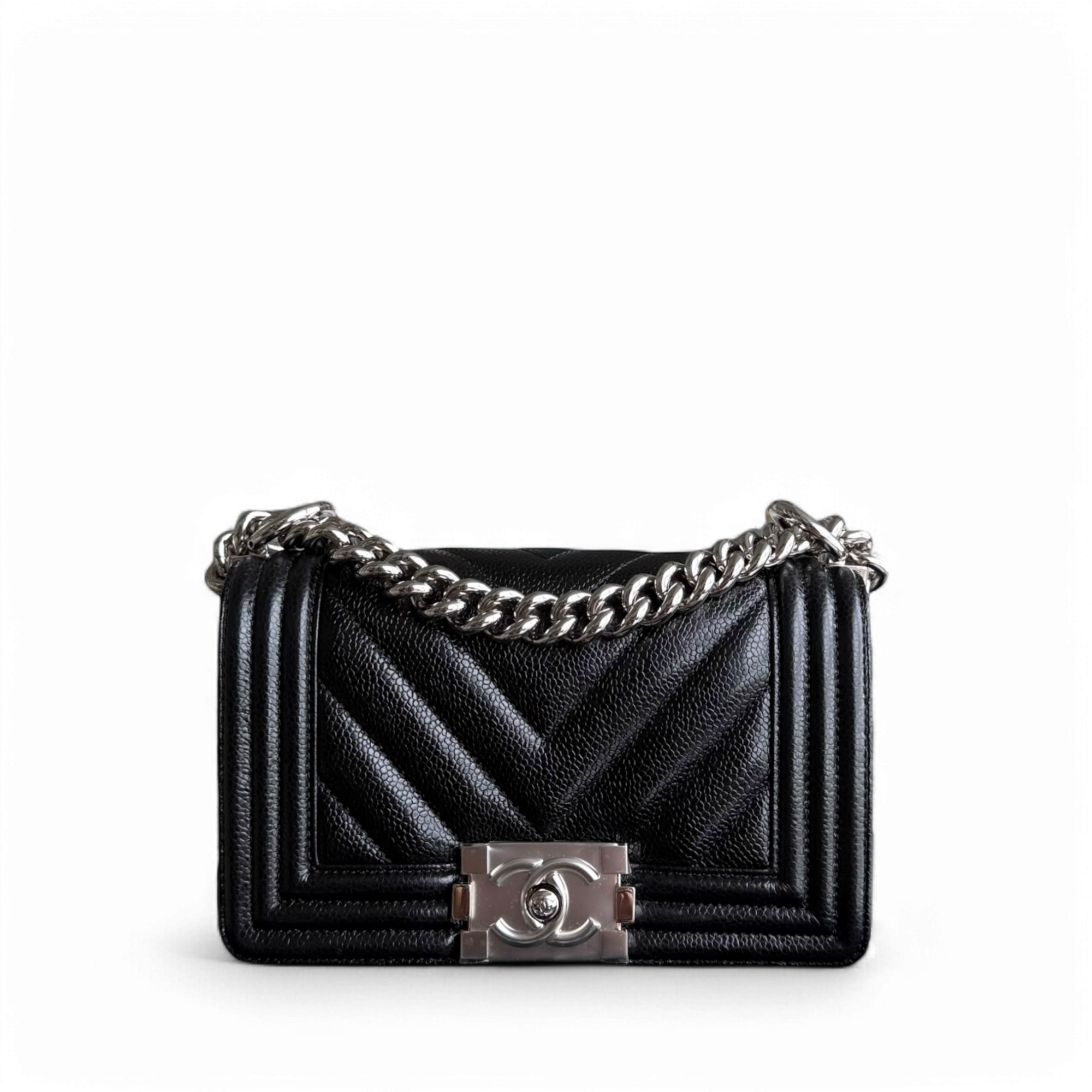 Chanel Boy Small - Caviar 20CM Chevron Black Silver Hardware Series 26