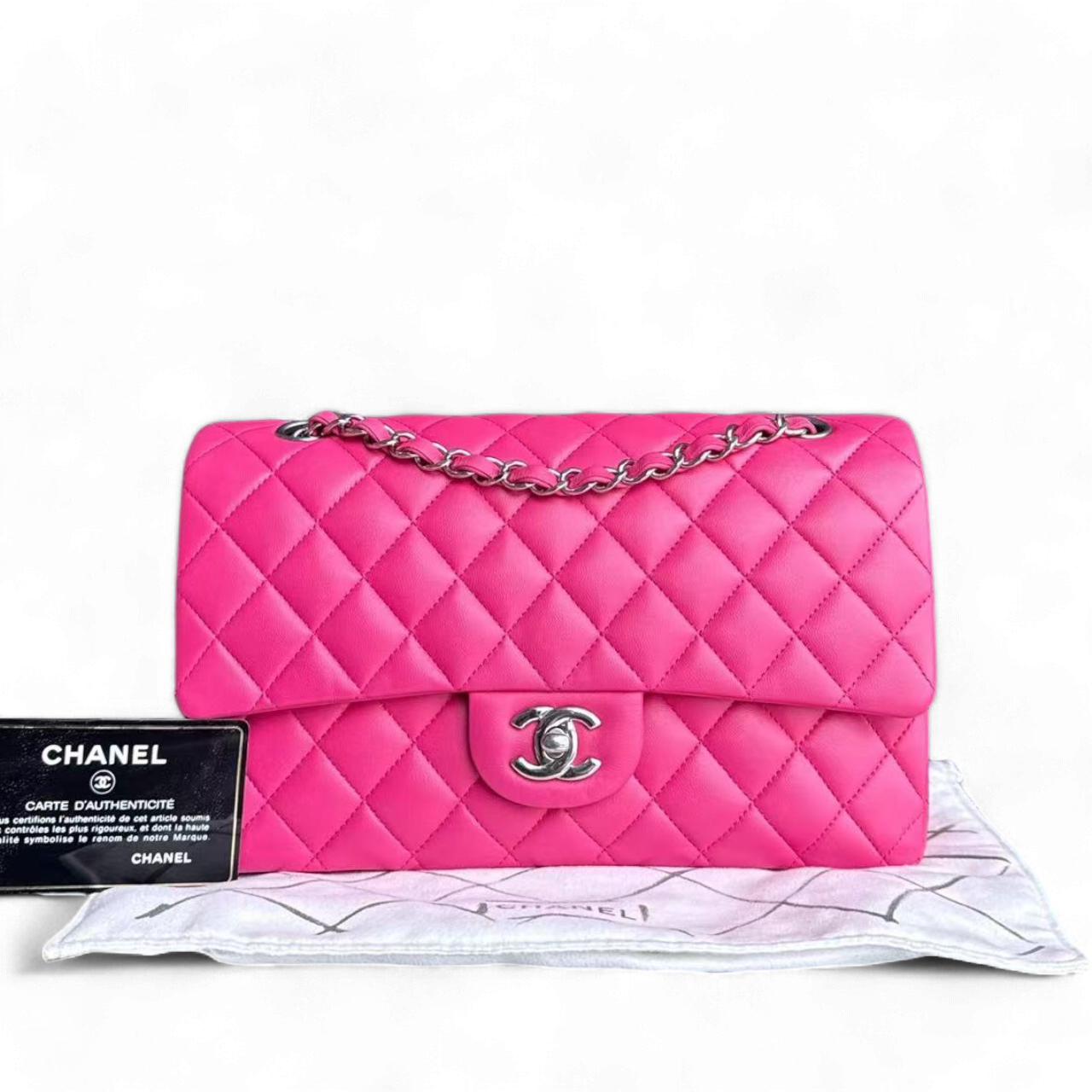 Chanel Classic Flap Medium Bag - Quilted Lambskin Hot Pink Silver Hardware Series 19