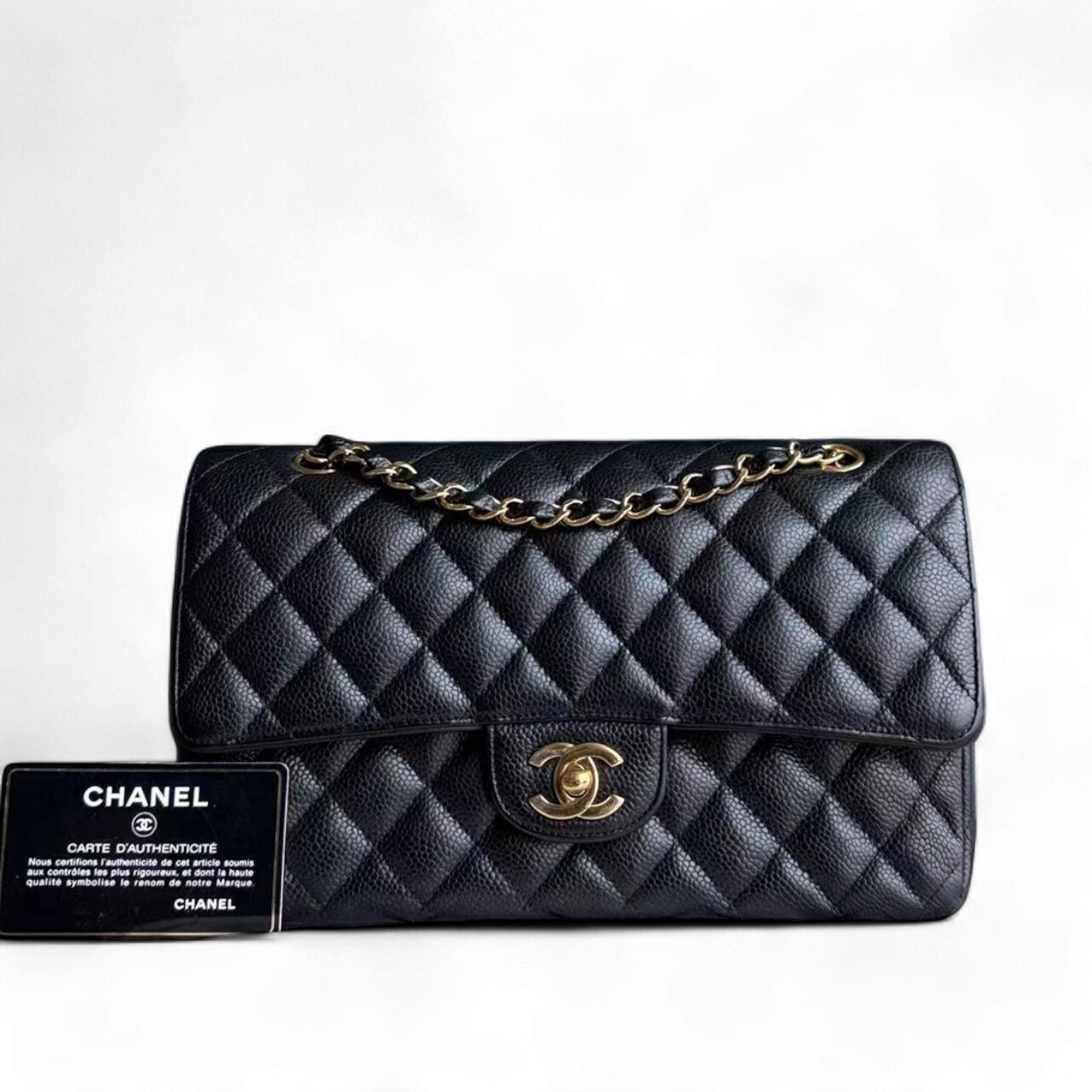 Chanel Classic Flap Medium - Caviar Double Flap Quilted Calfskin Black Gold Hardware Series 19