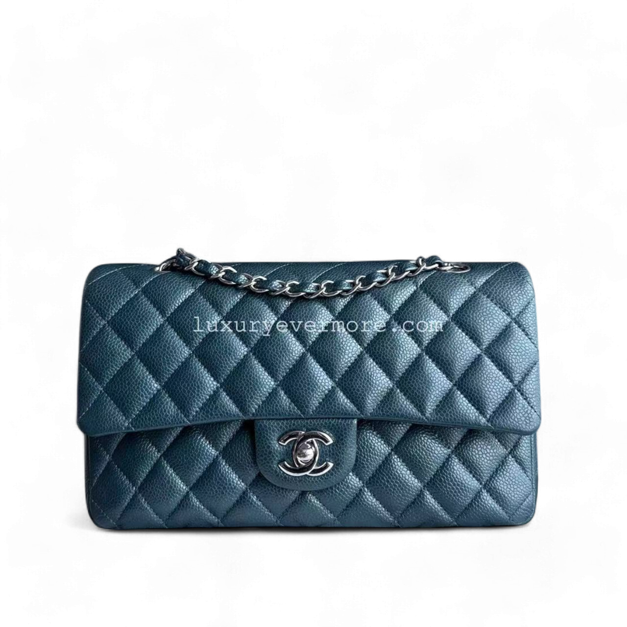 Caviar Medium Classic Flap Quilted Dark Blue Green Silver Hardware Series 20