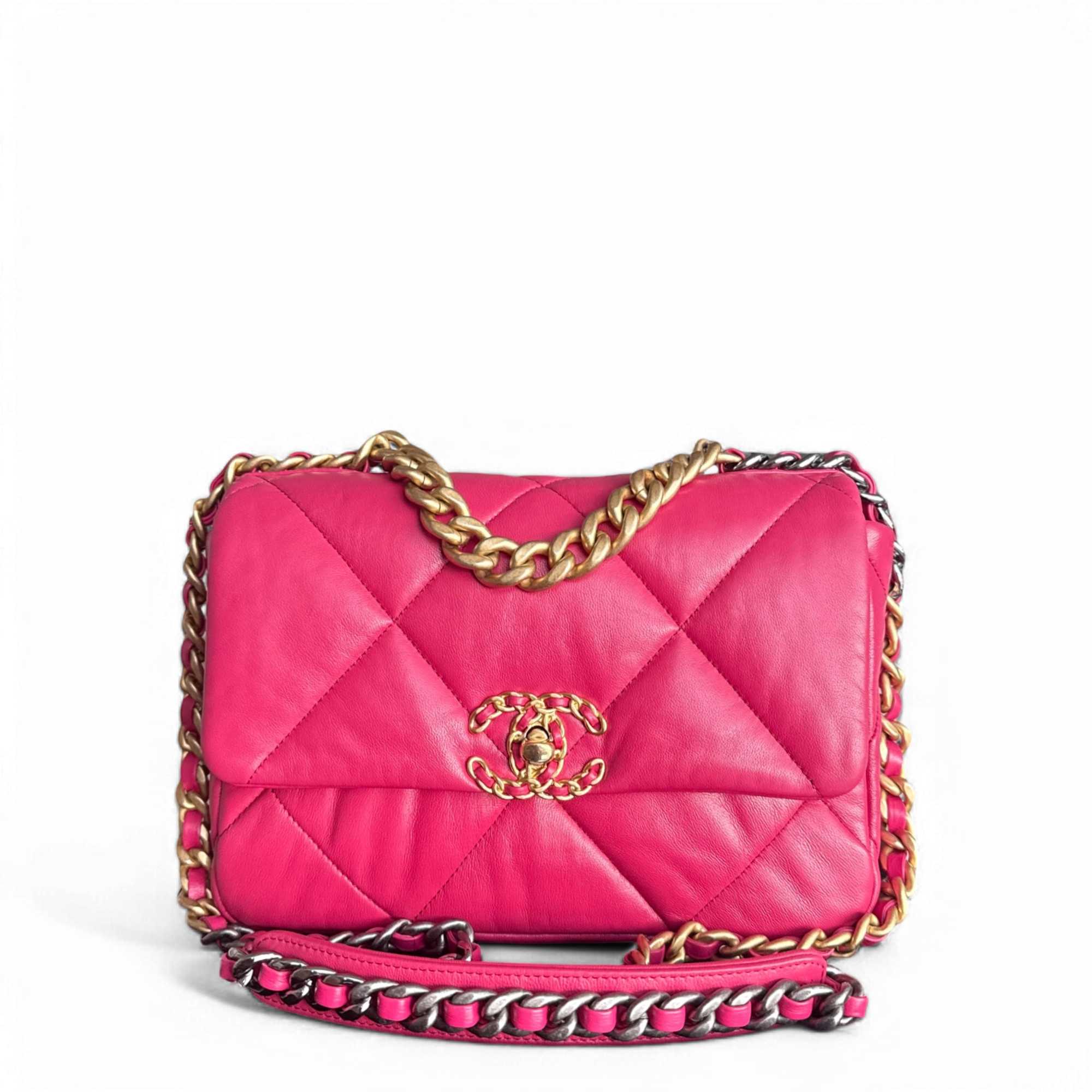 Chanel 19 Bag Small - Quilted Goatskin Hot Pink Two-tone Gold Hardware Series 29