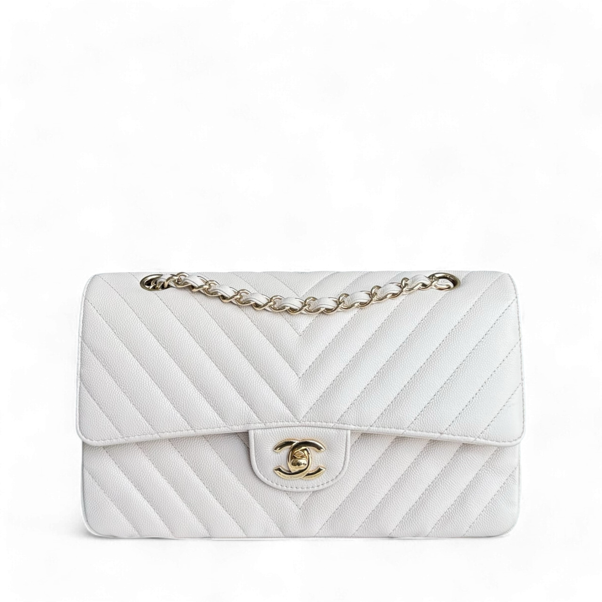 Chanel Classic Flap Medium - Caviar Chevron Cream White Gold Hardware Series 26