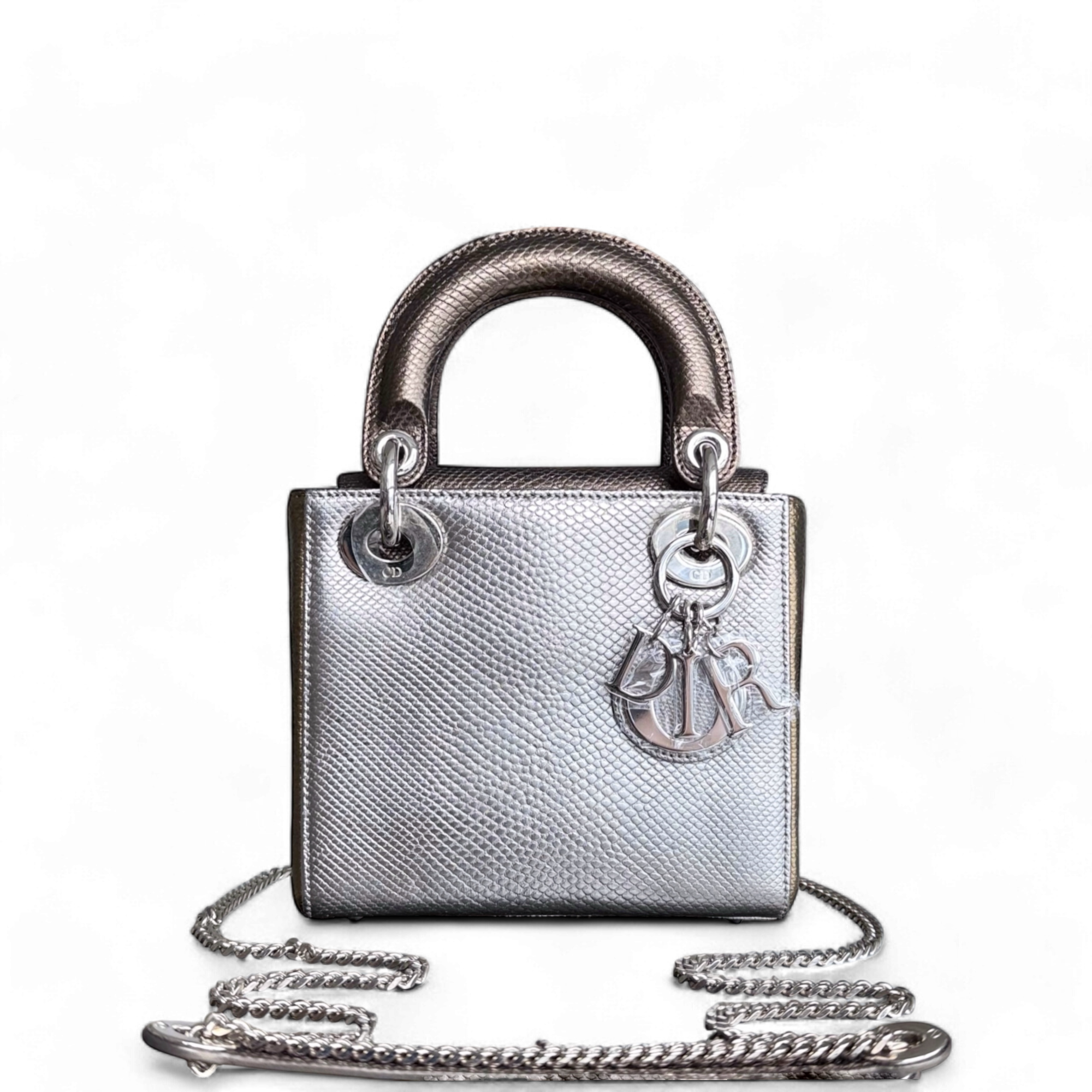 Dior Lady Mini - Exotic Lizard Skin Iridescent Two-tone Silver Hardware Chain Strap