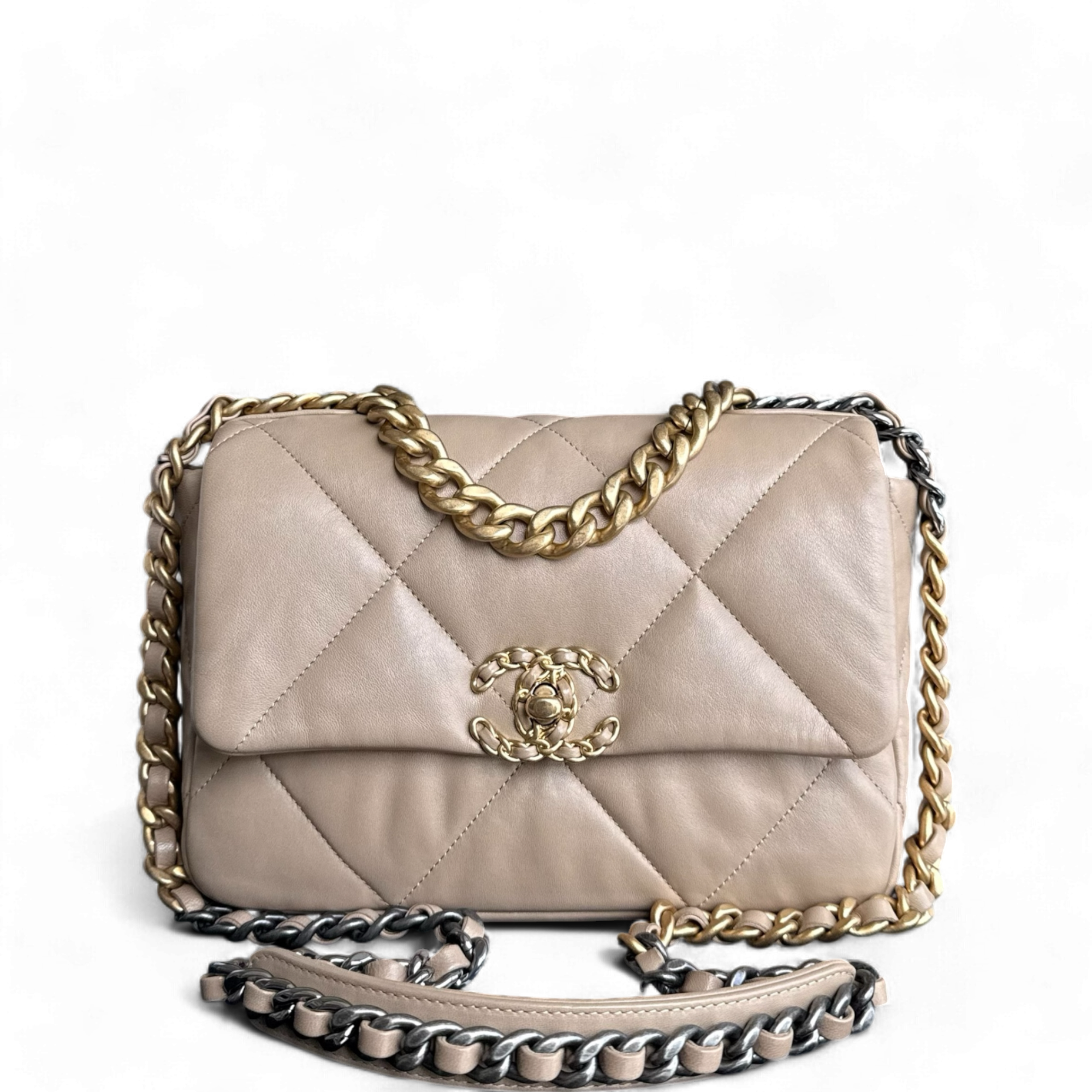 Chanel 19 Bag Small - C19 Quilted Goatskin Beige Two-tone Hardware Series 31