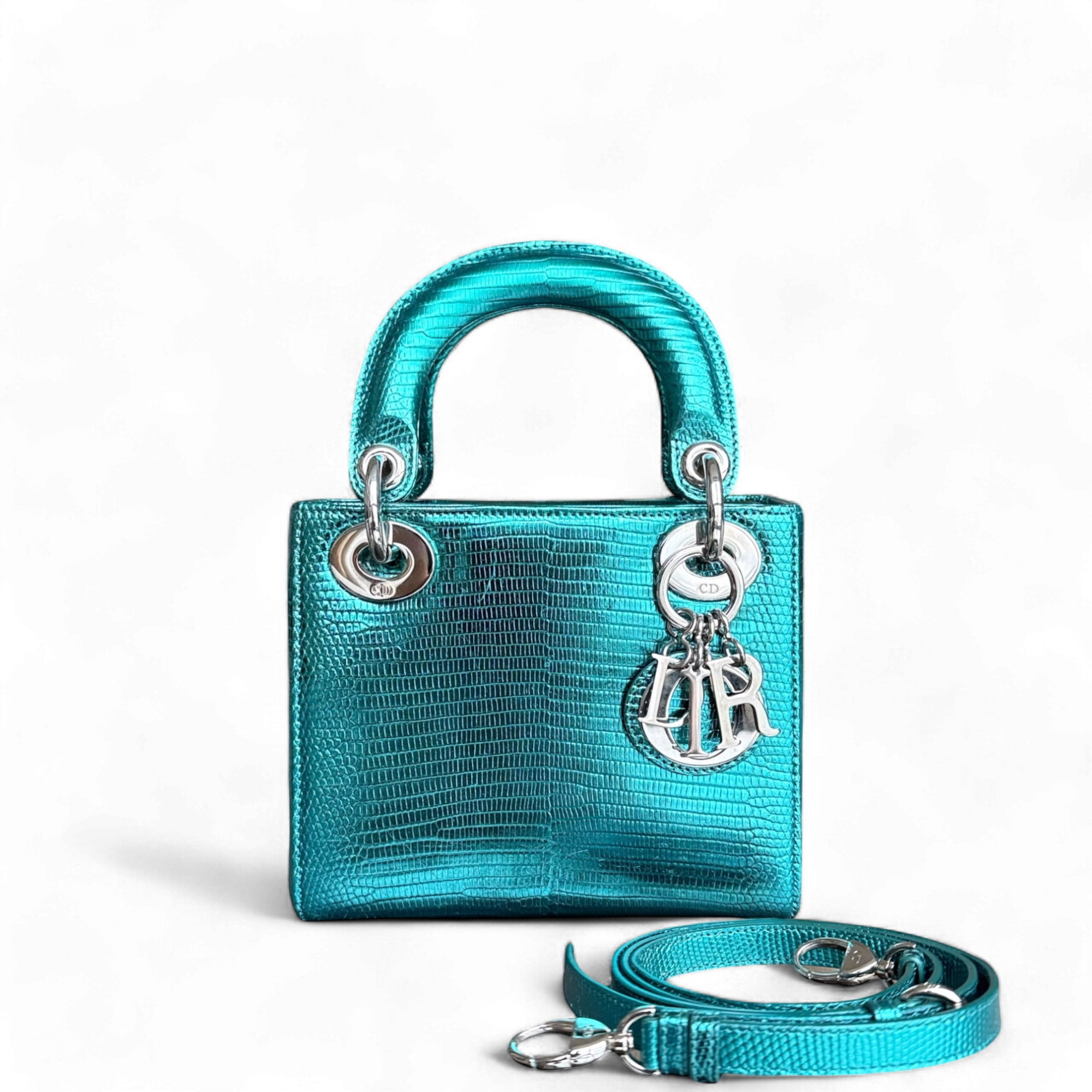 Dior Lady Mini - Exotic Lizard Skin Metallic Blue Green Silver Hardware Leather Strap