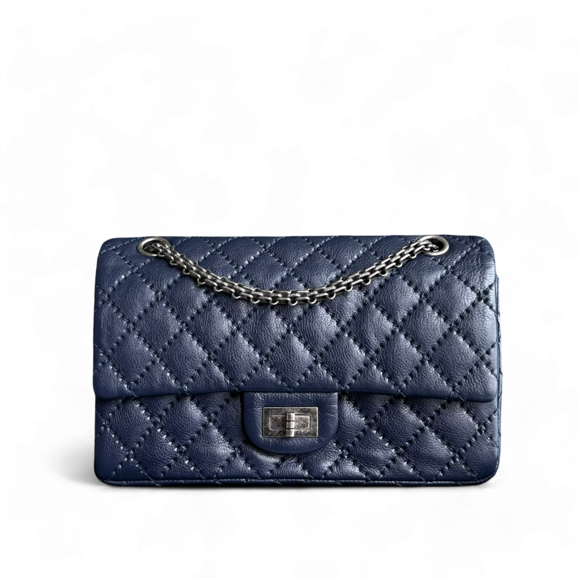 Chanel 2.55 225 Reissue - Small 24CM Quilted Grained Calfskin Dark Blue Ruthenium Silver Hardware Series 22