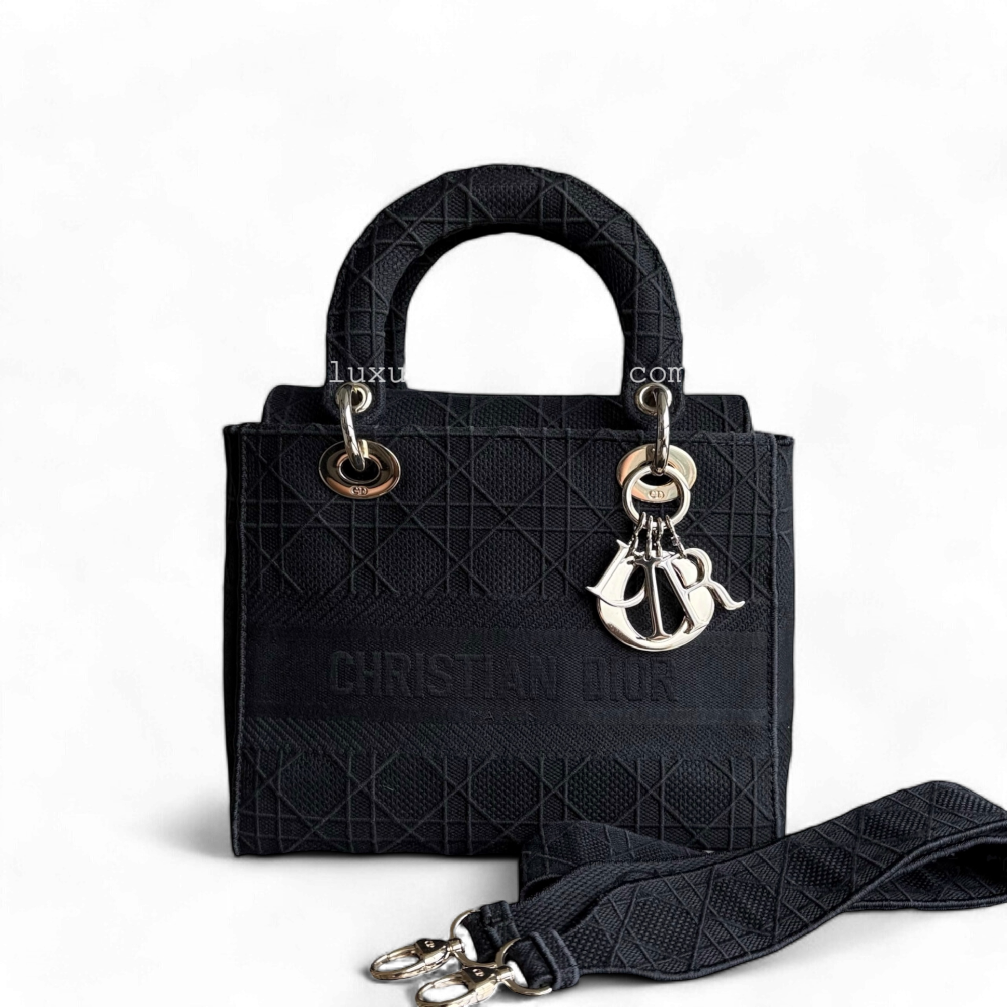 Dior D-Lite Medium - Canvas Cannage Black Gold Hardware