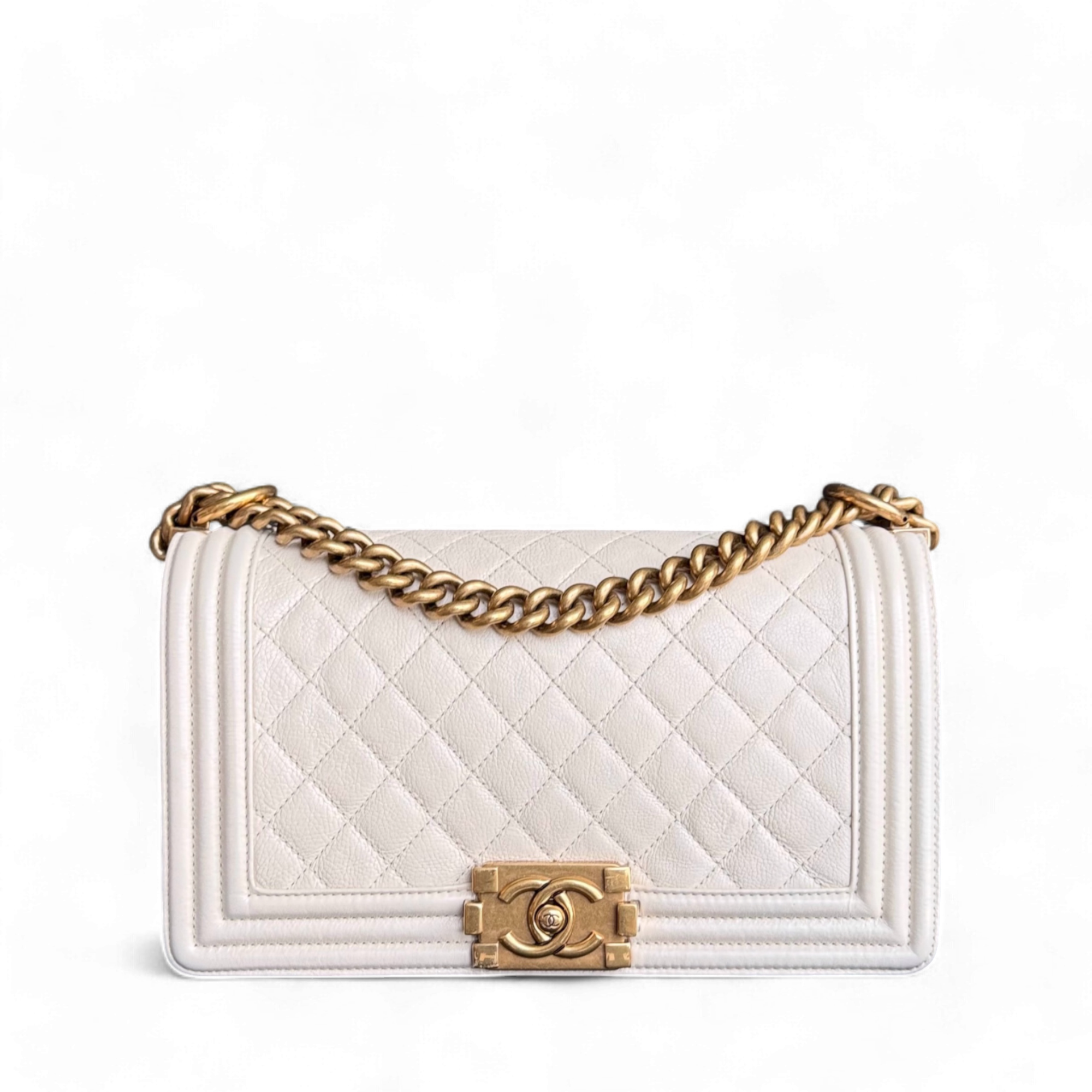 Chanel Boy Medium - 25CM Quilted Calfskin Cream White Gold Hardware Series 20