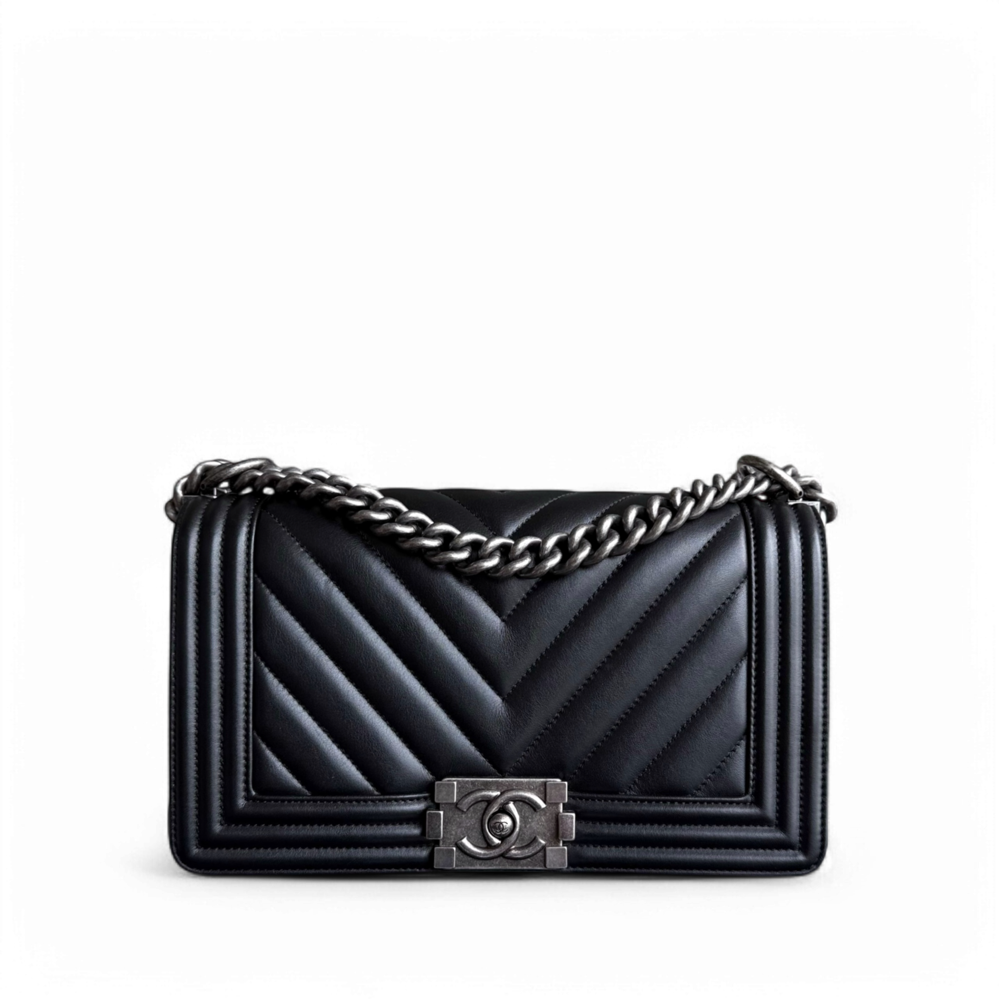 Chanel Boy Medium - 25CM Chevron Calfskin Black Ruthenium Silver Hardware Series 26