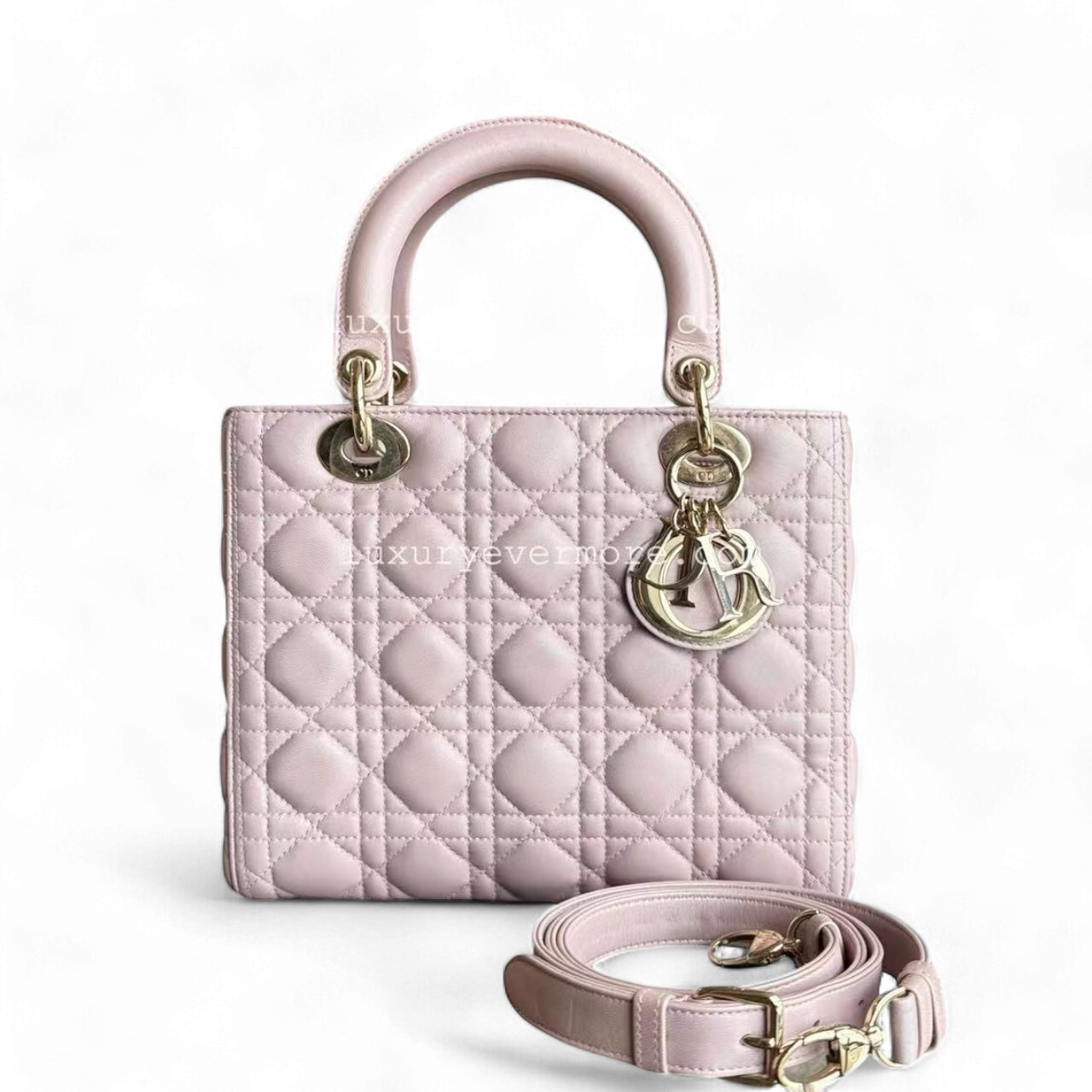 *Adjustable Strap* Dior Lady Medium - Iridescent Cannage Lambskin Light Pink Golden Hardware