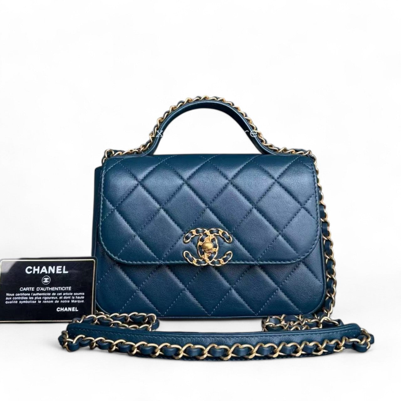 *Unused* Chanel 19 Flap - C19 With Top Handle 19 Bag Quilted Lambskin Blue Gold Hardware Series 28