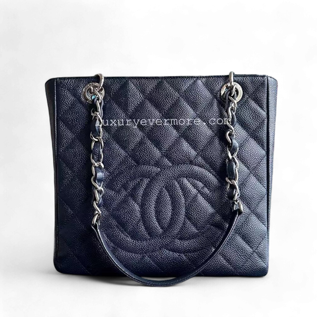 PST Petite Shopping Tote Caviar Quilted Dark Blue Silver Hardware Series 18