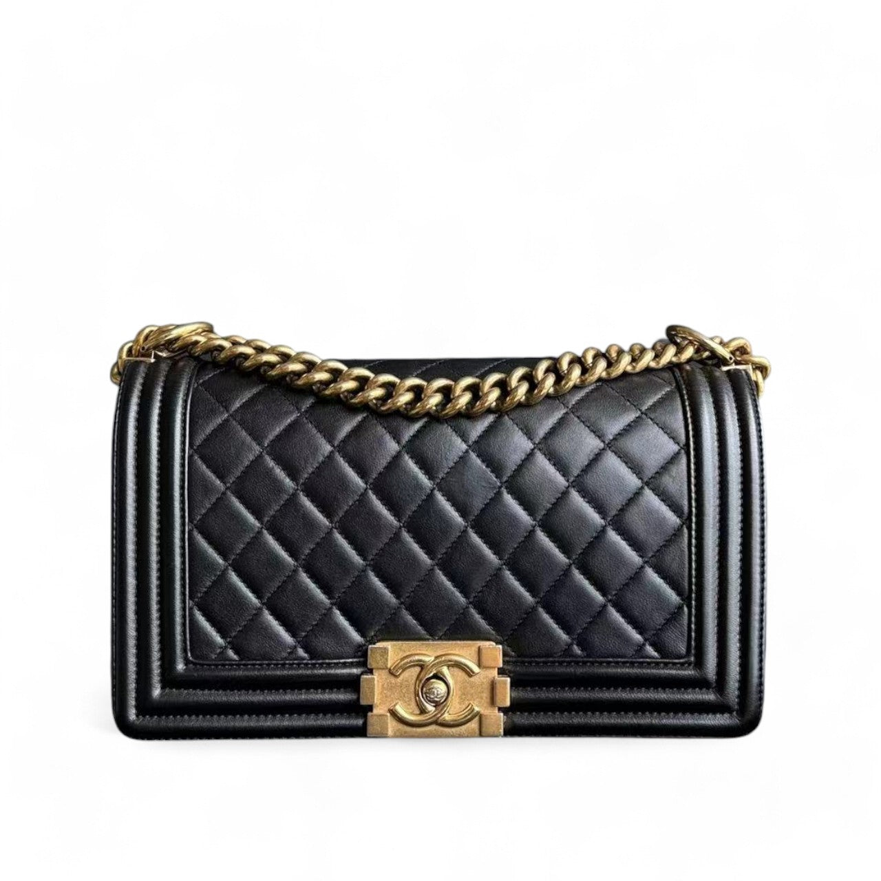 Chanel Boy Medium - Lambskin 25CM Quilted Black Gold Hardware Series 19