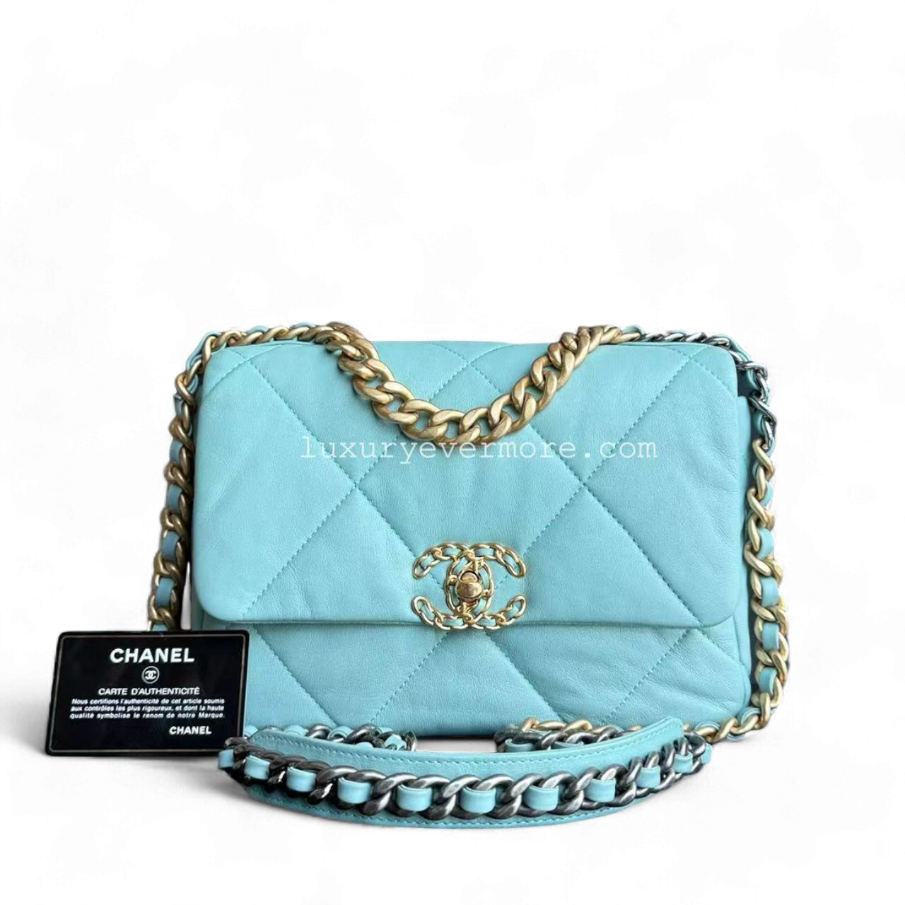 Chanel Small 19 Bag C19 Quilted Goatskin Tiffany Blue Two Tone Golden Hardware Sereis 29