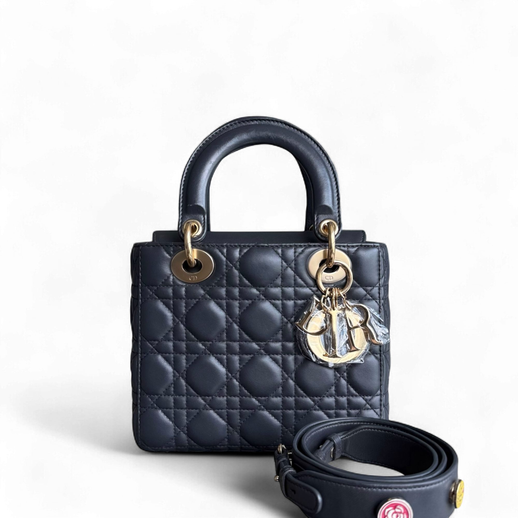 Dior Lady Small - Cannage Lambskin Dark Grey Gray Charcoal Gold Hardware