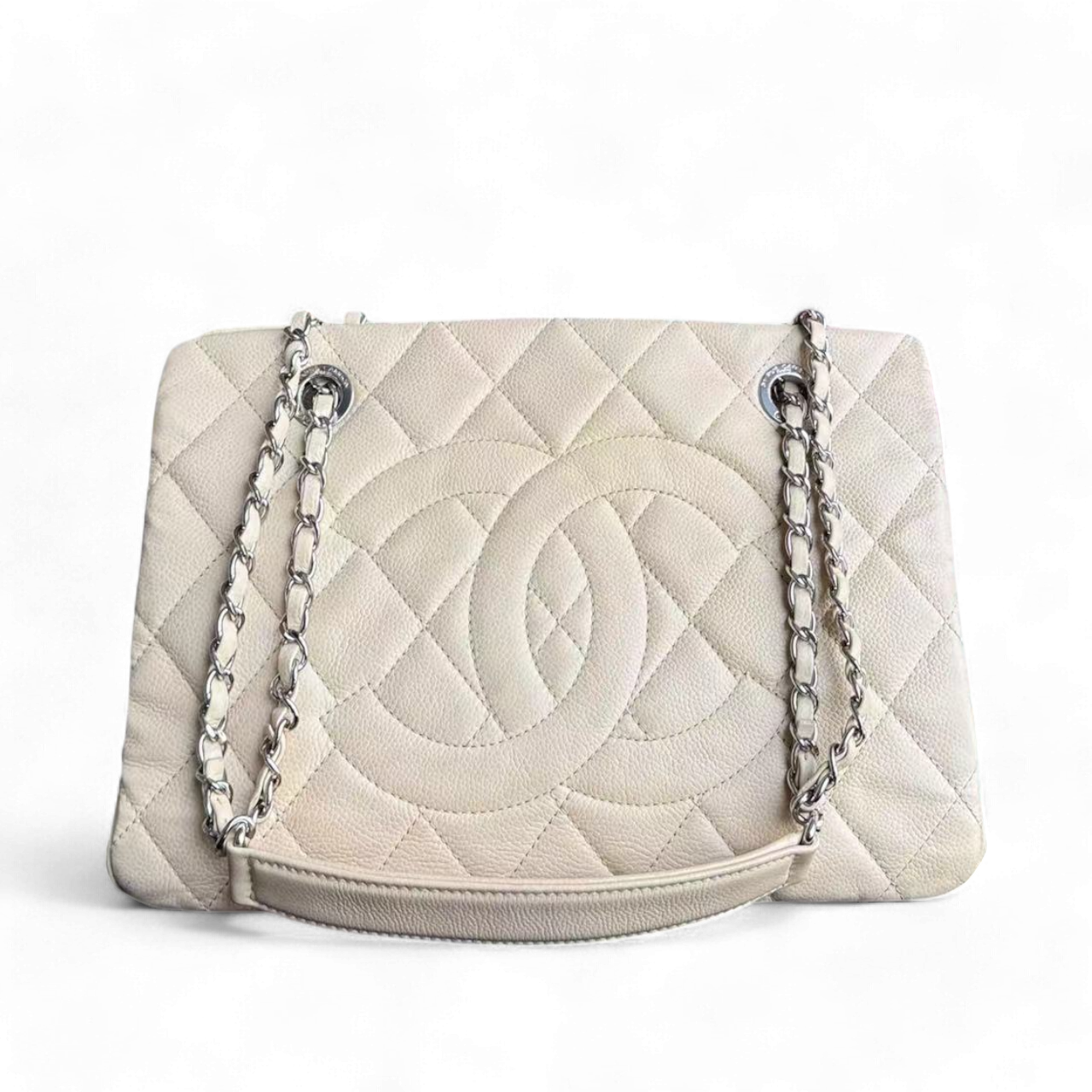 Chanel Petite Timeless Tote - Caviar Quilted Seasonal Beige Silver Hardware Shoulder Bag Series 15