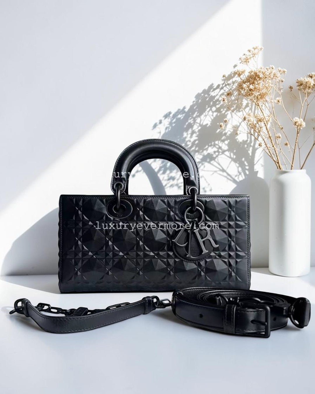 Dior D-Joy Medium - Black Cannage Dimond Motif All Black Hardware