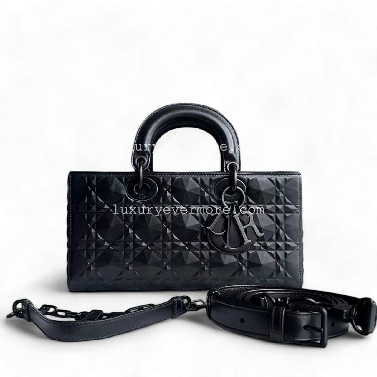 Dior D-Joy Medium - Black Cannage Dimond Motif All Black Hardware