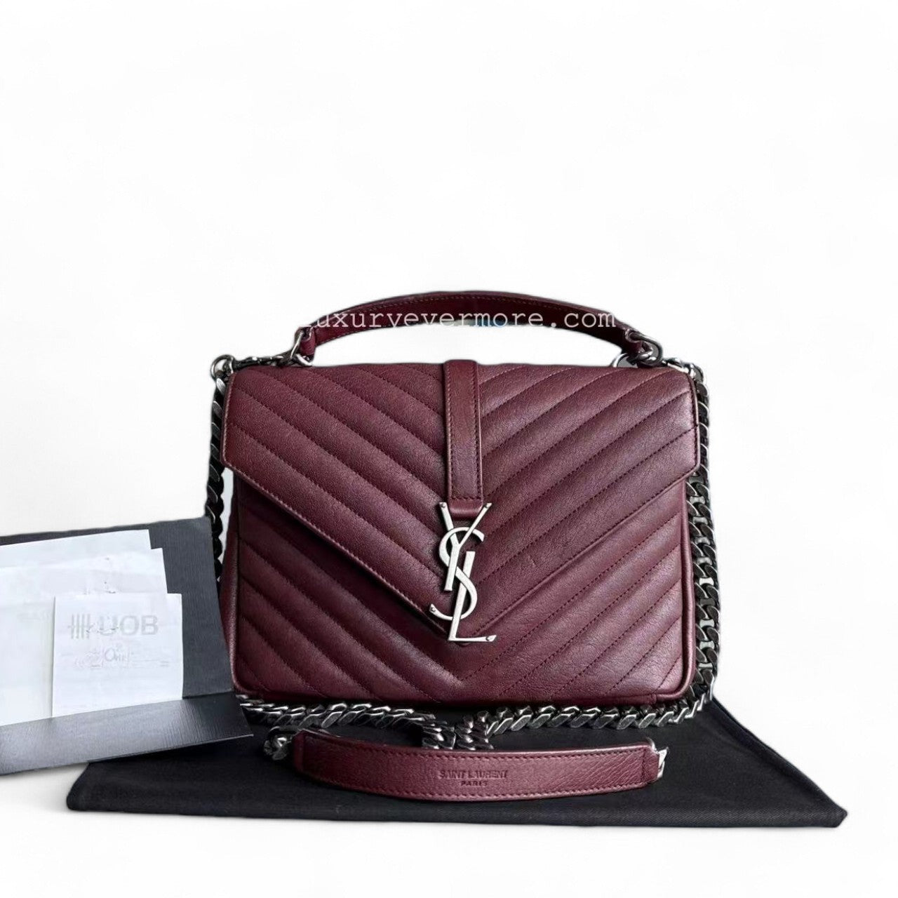 Yves Saint Laurent YSL College - Medium Chevron Leather Burgundy Ruthenium Silver Hardware