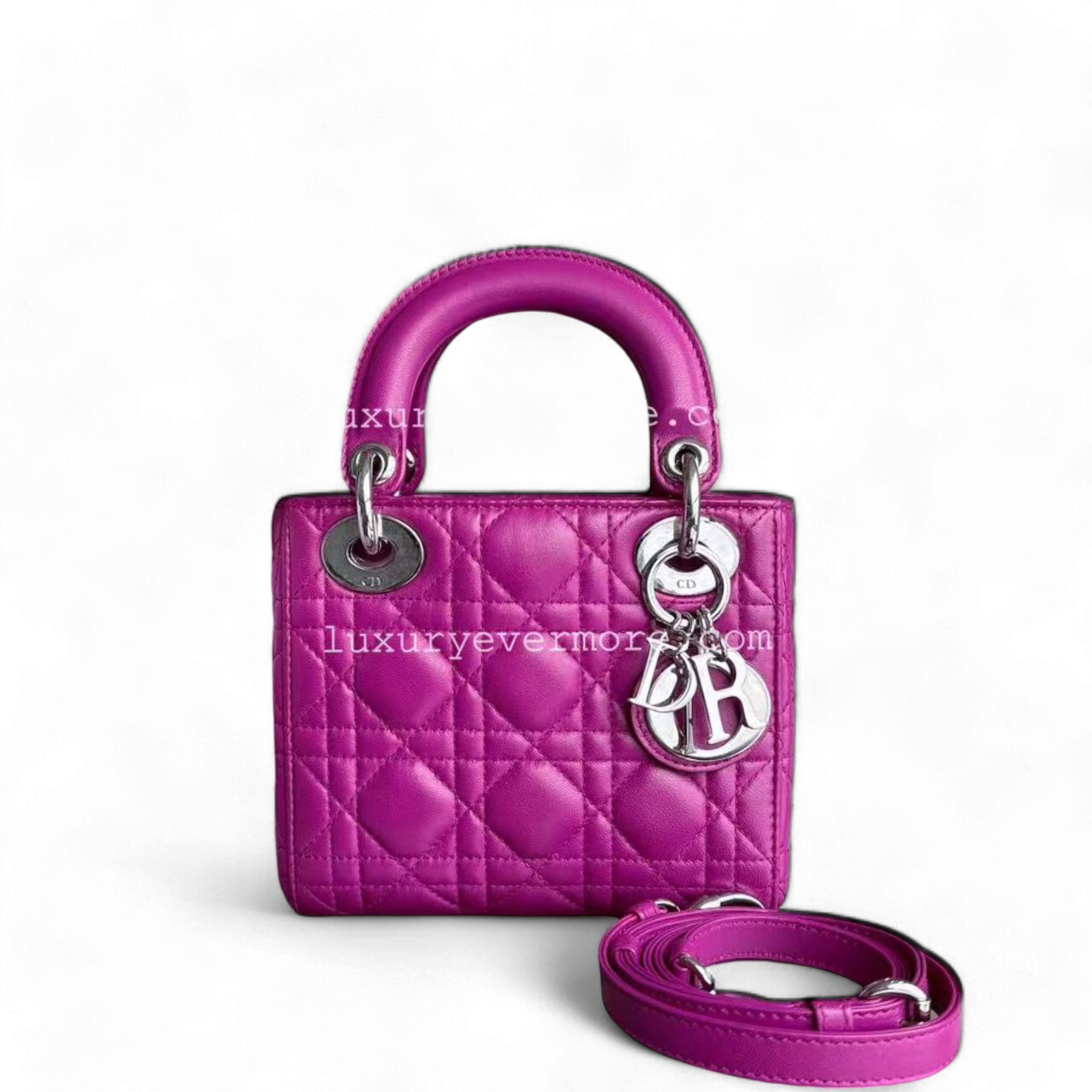 *Full Set Receipt* Dior Lady Mini Cannage Lambskin Purple Violet Silver Hardware Adjustbale Strap