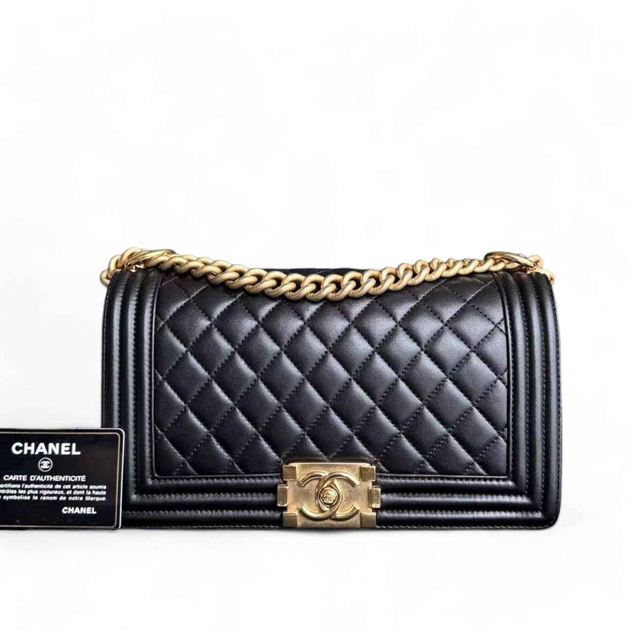 Chanel Boy Medium - 25CM Quilted Lambskin Black Gold Hardware Series 24