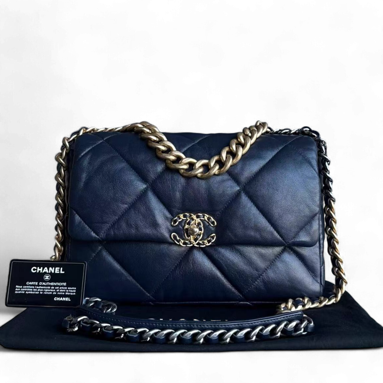 Chanel 19 Medium - C19 Quilted Goatskin Dark Navy Blue Shoulder Bag Two-tone Hardware Series 29